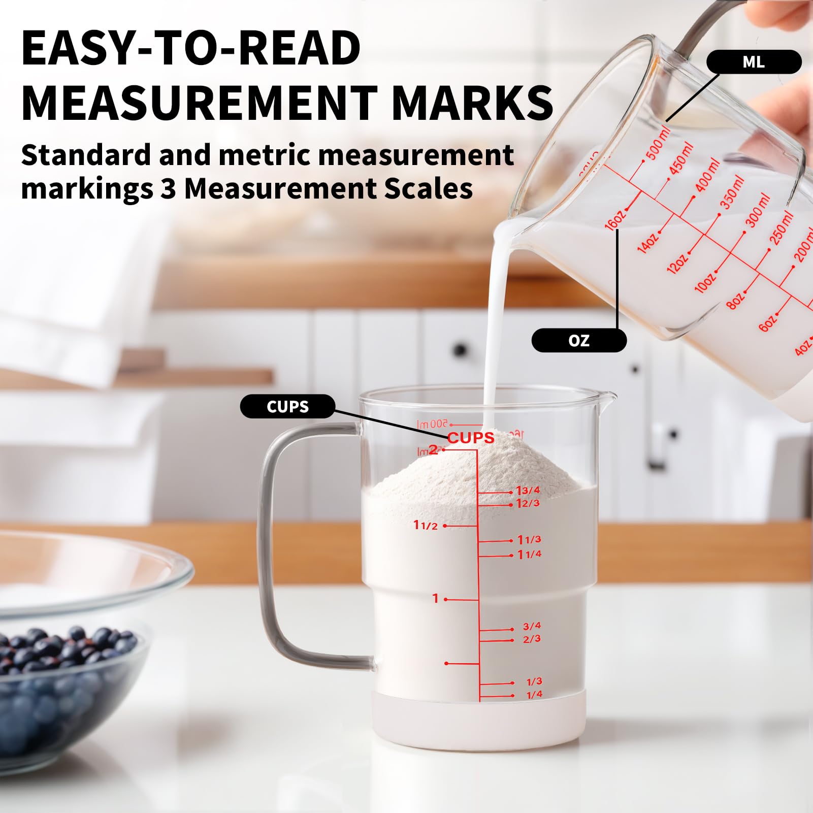 Taza medidora de vidrio de 2 tazas para hornear y cocinar, (actualizada, 3 marcas, incluye escala de taza/ml/onza) apta para lavavajillas, congelador, microondas y horno precalentado 2