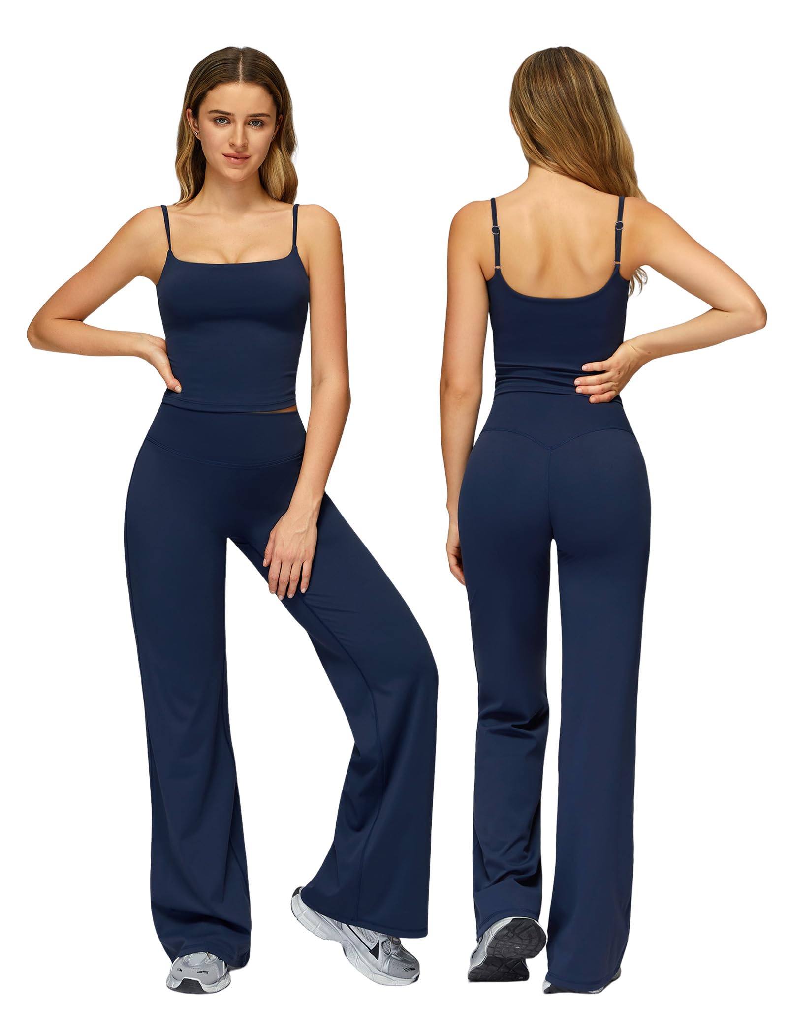 Odizli Sport Set Damen Spaghetti Top mit Integriertem BH + High Waist Wide Leg Leggings Fitness Gym Yoga Sportanzug