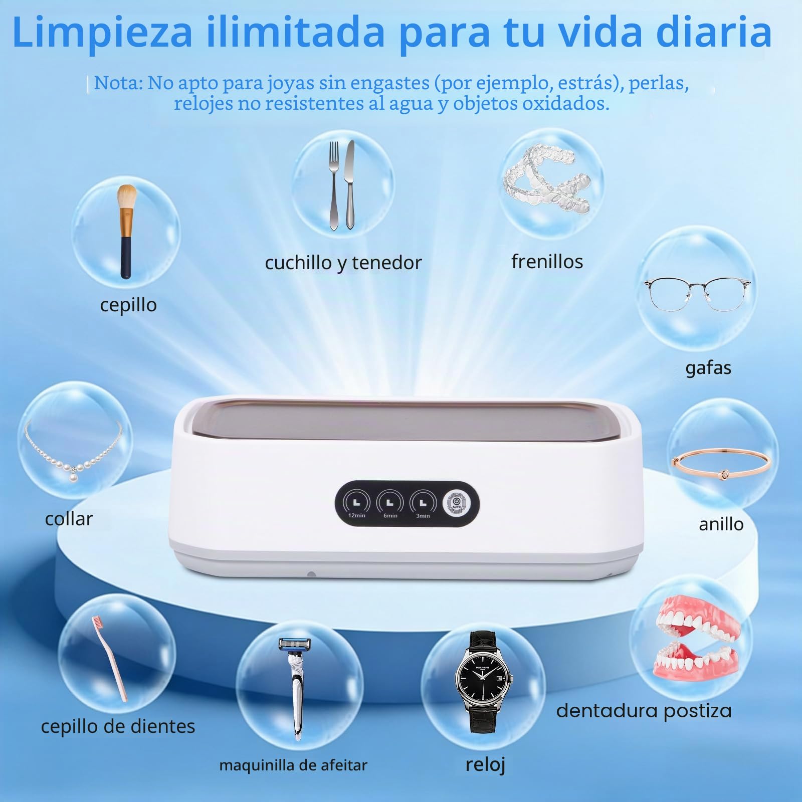 Limpiador Ultrasónico 650ml, Ultrasonidos Limpieza 49KHz, Ultrasonic Cleaner, 3 Funciones de Tiempo, Limpieza Ultrasonidos para Gafas, Joyas, Dentaduras