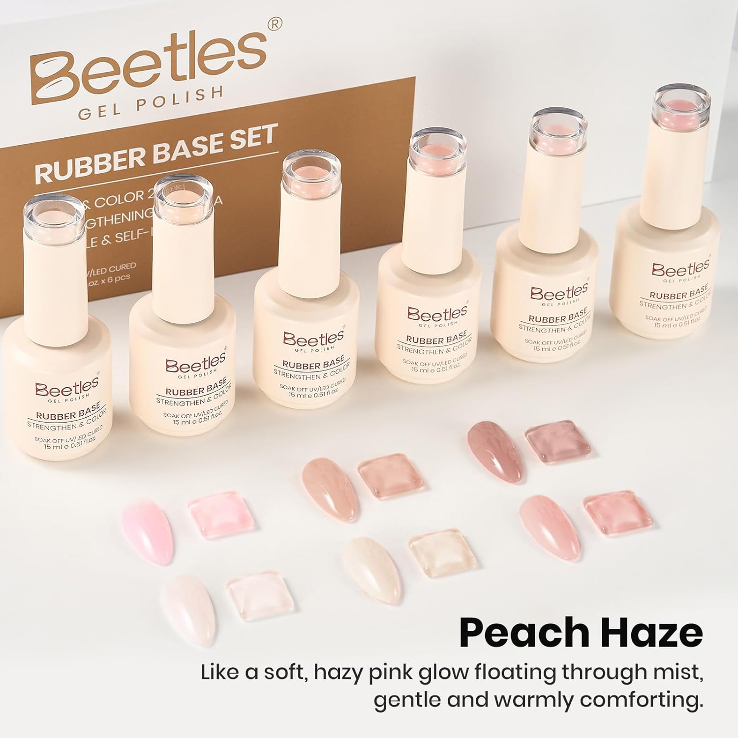Beetles Rubber Base Gel Set 6 Colors 15ml – 5 in 1 Builder Base Coat for Nails, Pink Peach Nude Gel Nail Polish Kit, Strengthening Apex Builder Flexible, Soak Off UV LED Gel for Natural Nails