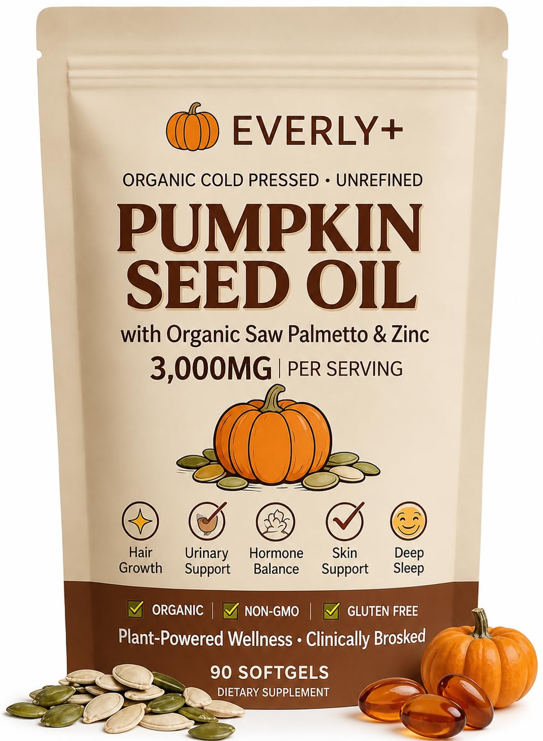 Everly Pumpkin Seed Oil with Saw Palmetto Softgels, Cold-Pressed, 90 Count 90count