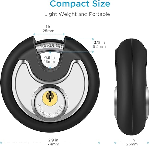 Miniatura 9 de Puroma Candado con llave, cerradura de disco de acero inoxidable con 3 llaves y cerradura de almacenamiento impermeable y resistente al óxido con