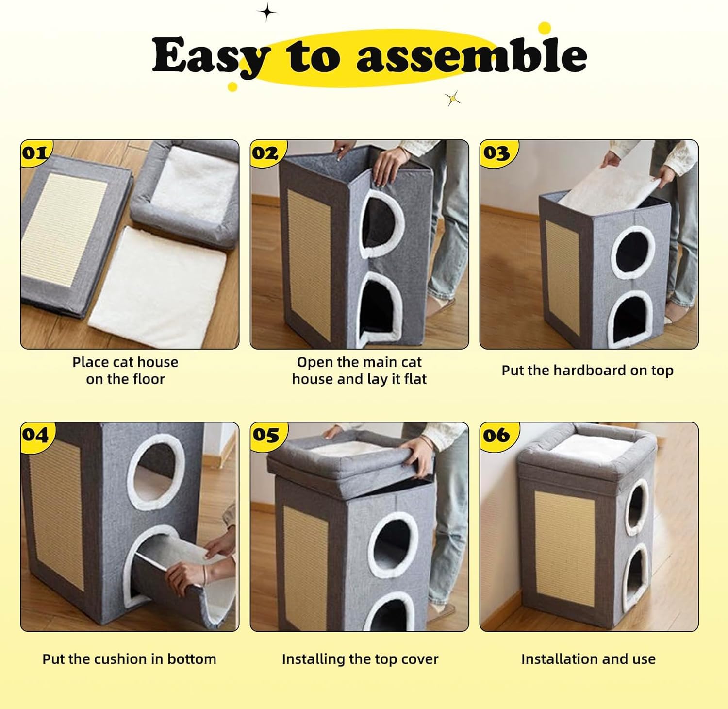 منزل قطط من 3 مستويات للاماكن الداخلية من لوك روزي، مسكن مغطى للقطط مع وسادة خدش وكهف مخبأ، سرير واثاث للقطط والحيوانات الاليفة المتعددة والقطط الكبيرة، رمادي