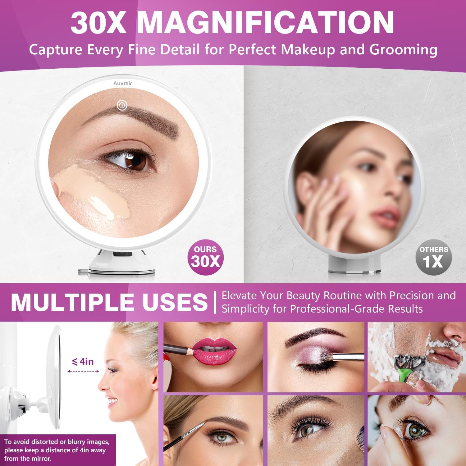 Auxmir Miroir Grossissant 30x Lumineux - Rechargeable avec 3 Modes D'éclairage LED - Ventouse d'attache Ajustable à 360° sans Fil - Miroir Cosmétique Portable pour Salle de Bain, Voyage