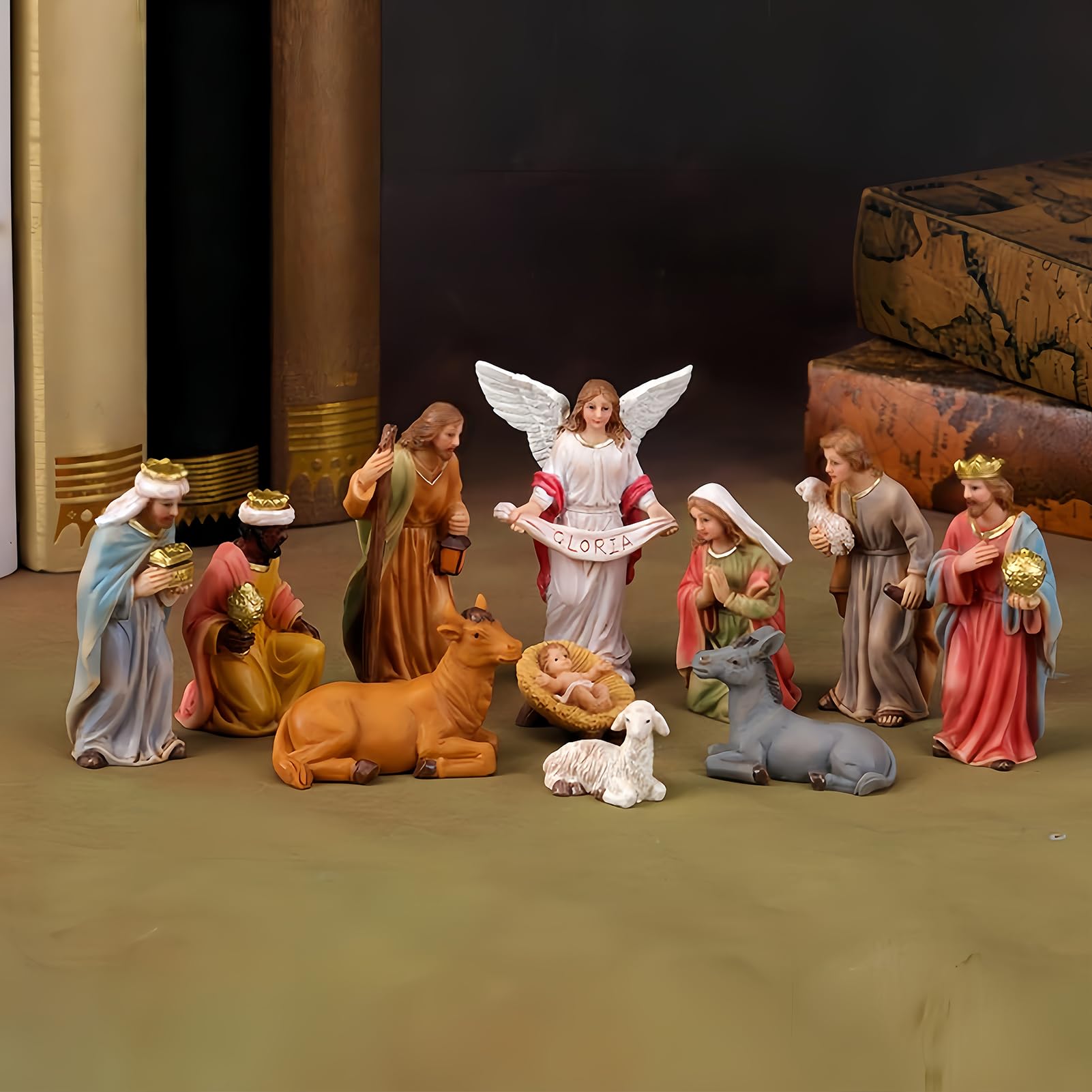 Belén de Navidad - Decoraciones navideñas con figuras religiosas Jesús | Decoración de mesa de escenario de la Sagrada Familia | tradicional de casa de vacaciones, para jardín al aire