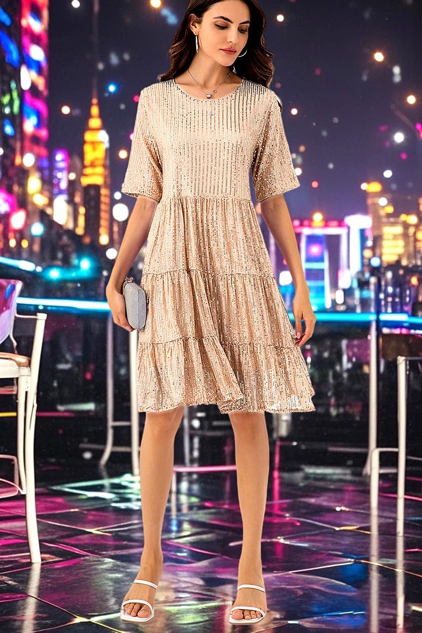 Sequin Babydoll Summer Dress,Sparkly Glitter Dress Short Flowy Tiered Tunic Dress for Women Party Club Night - Image 2