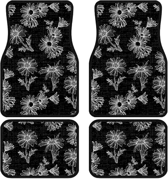 Black White Chamomile Car Floor Mats Non-Slip Set of 4, Front Rear Carpets Mat Hand-Painted Florals Car Foot Floor Carpets Rugs Auto Car Accessories Universal for Car SUV Truck Van