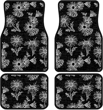 Black White Chamomile Car Floor Mats Non-Slip Set of 4, Front Rear Carpets Mat Hand-Painted Florals Car Foot Floor Carpets Rugs Auto Car Accessories Universal for Car SUV Truck Van
