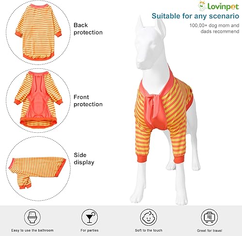 Miniatura 2 de LovinPet - Pijama y camiseta de 100% algodón para perros grandes, diseño a rayas, de 4 patas, protección que cubre todo el cuerpo