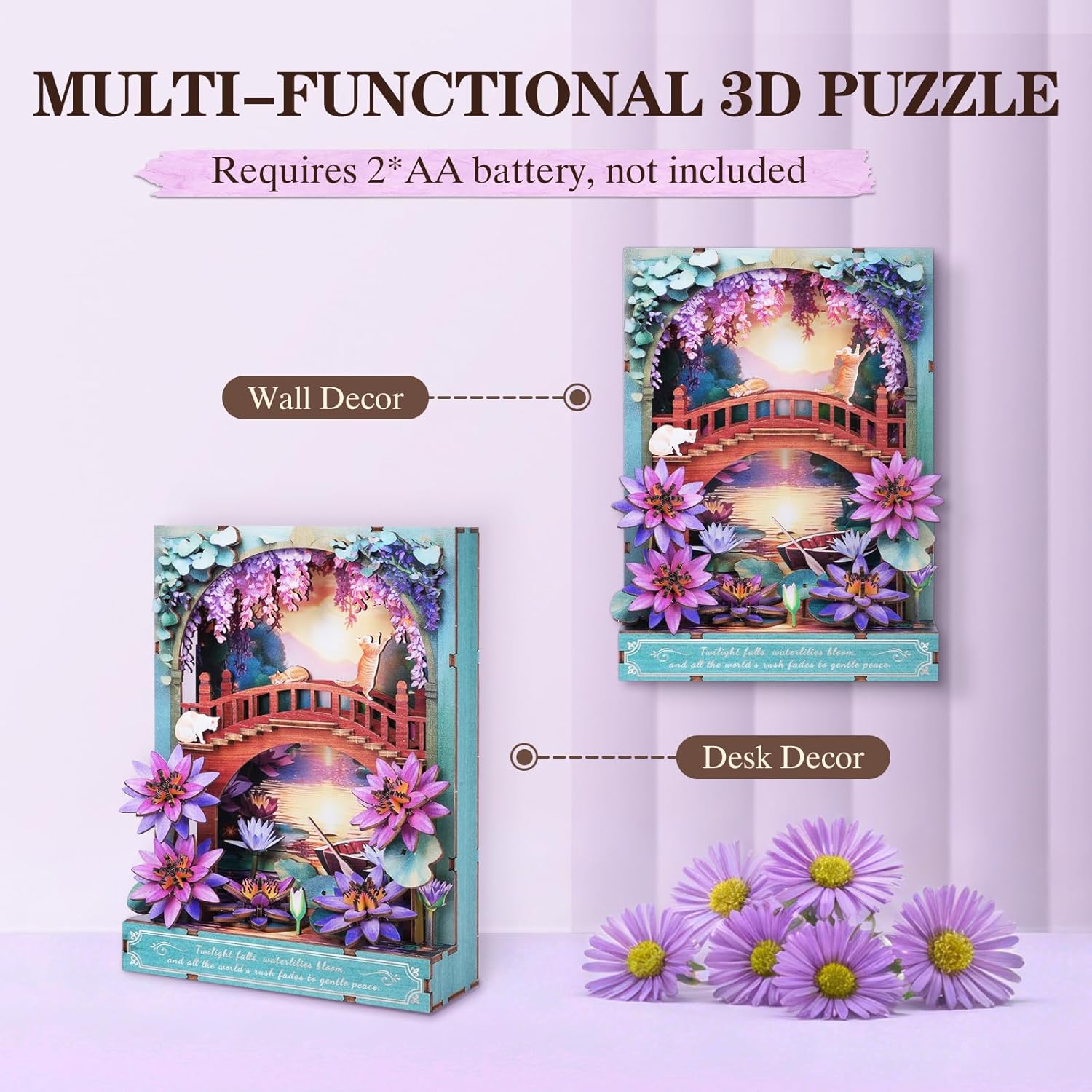 3D Wooden Puzzles for Adults - Twilight Water Lilies Crafts for Adults Kit with LED Lights, 3D Puzzle Wall Decor Gift for Friends Family DIY Lovers