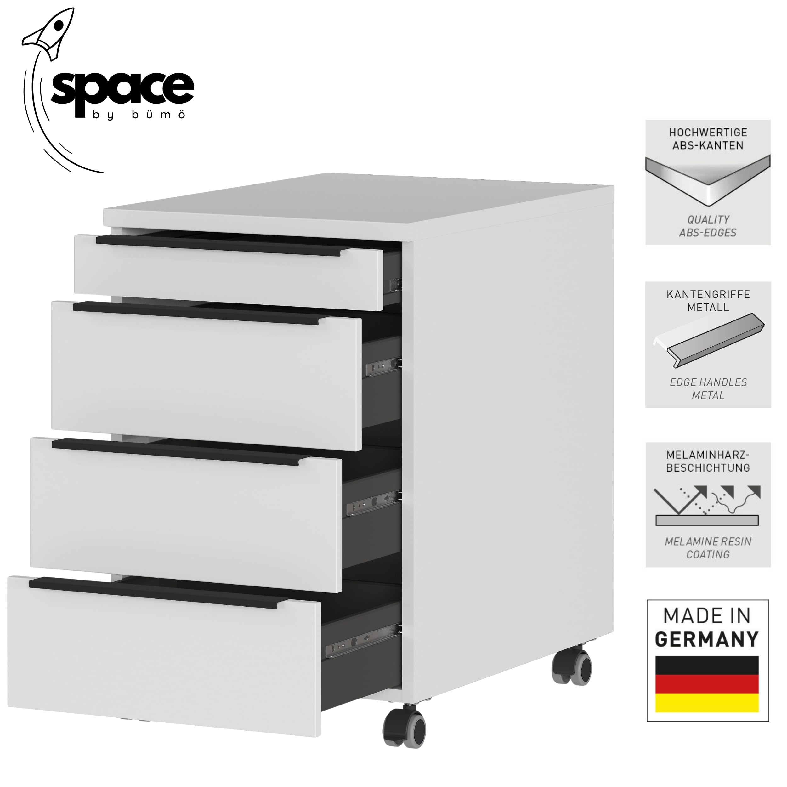 bümö Space Rollcontainer mit Schubladen, Container aus Holz in Graphit - Rollwagen für's Büro als Schreibtisch Unterschrank, Bürocontainer od. Schreibtischcontainer
