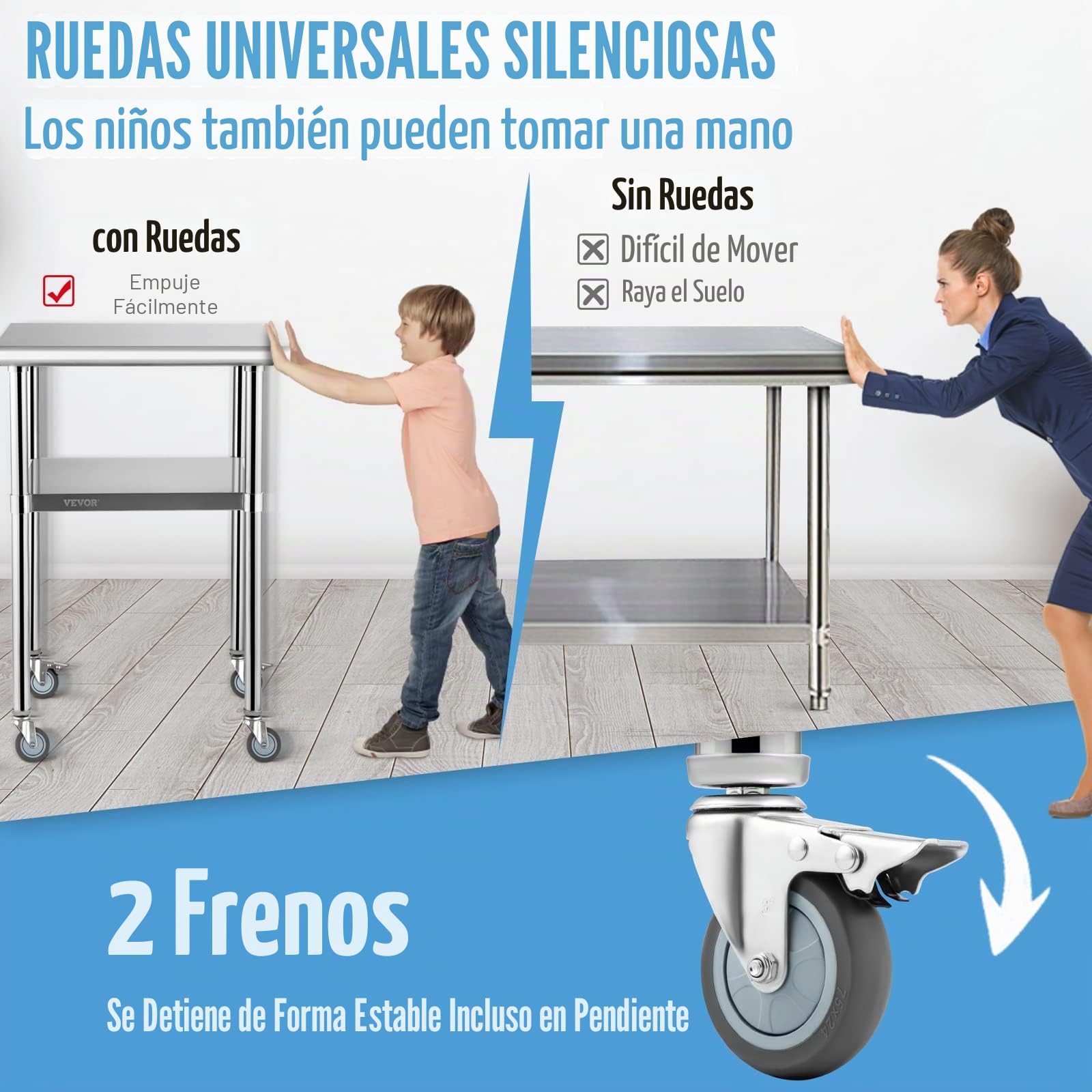 VEVOR Mesa de Trabajo de Acero Inoxidable 61x61x91,4 cm Mesa de Preparación de 2 Niveles Carga de 272,4 kg Mesa de Cocina con 4 Ruedas Estante Ajustable en Altura para Cocina Restaurante Bar Garaje