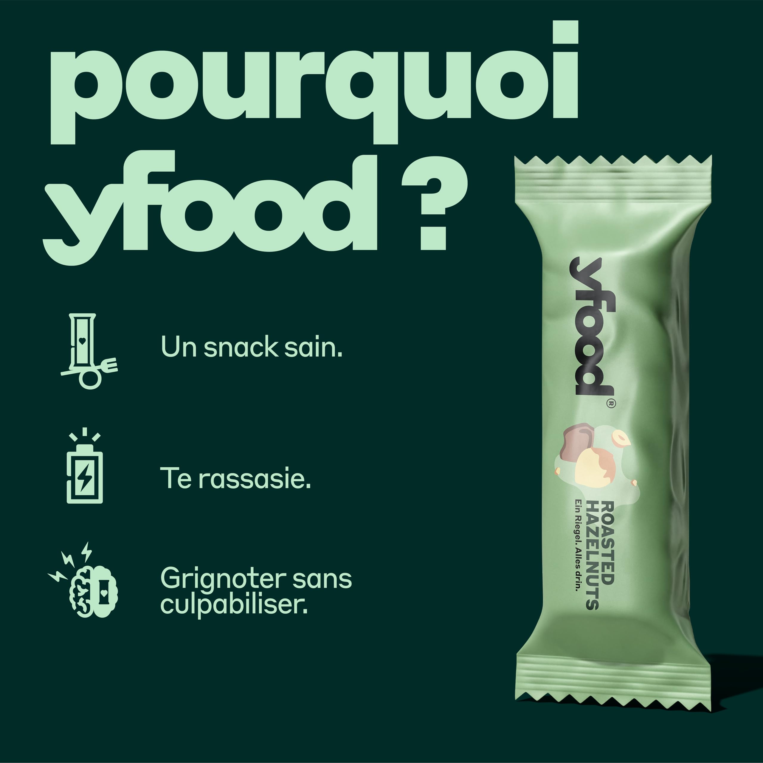 Barre yfood Roasted Hazelnuts, barre protéinée à emporter, 13 g de protéines, 25 vitamines et minéraux (12 x 60 g)