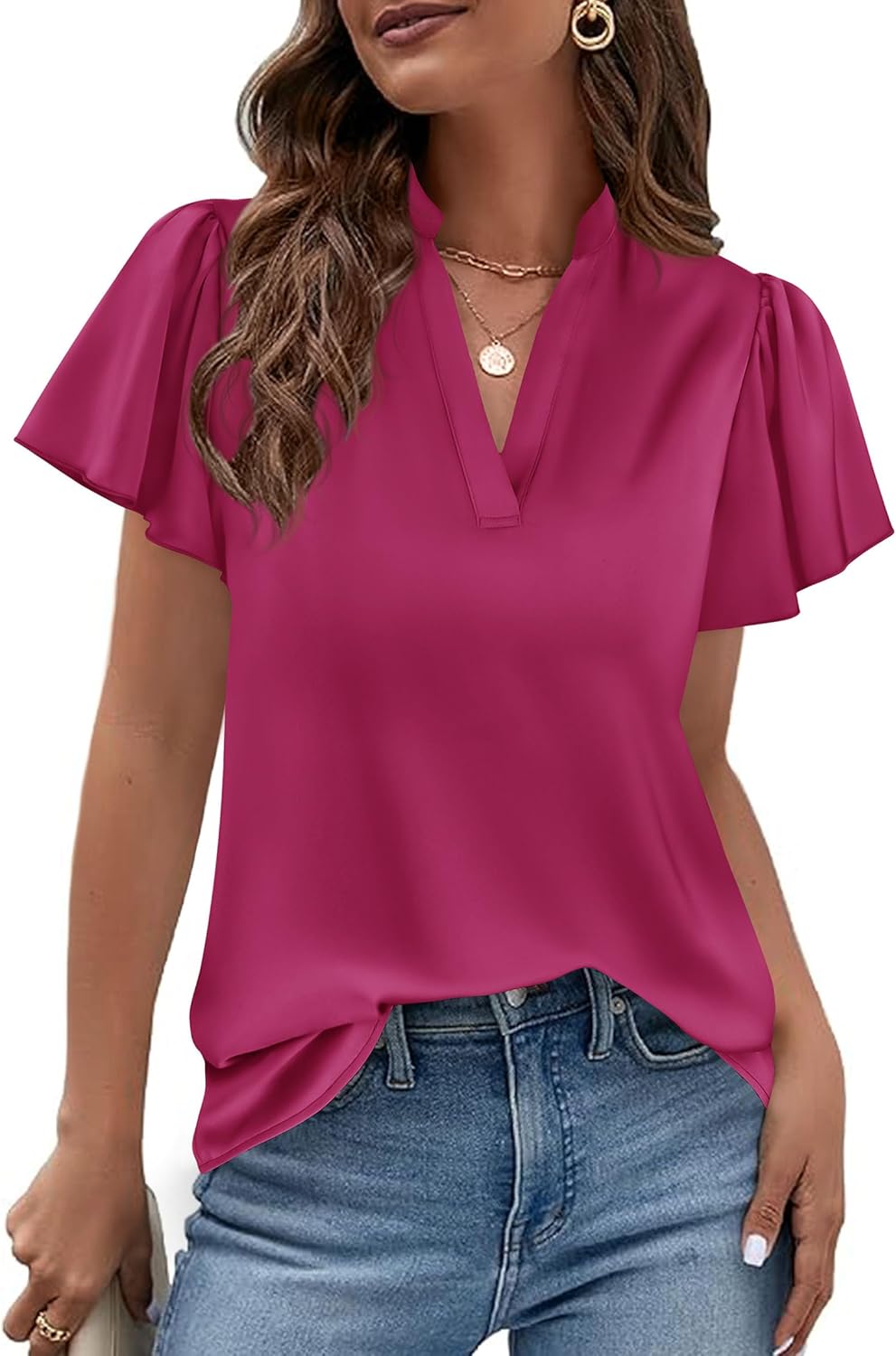PRETTYGARDEN Women’s 2026 Summer Satin Blouses Dressy Casual Ruffle Cap Sleeve V Neck Business Work Cute Tops Spring Outfits