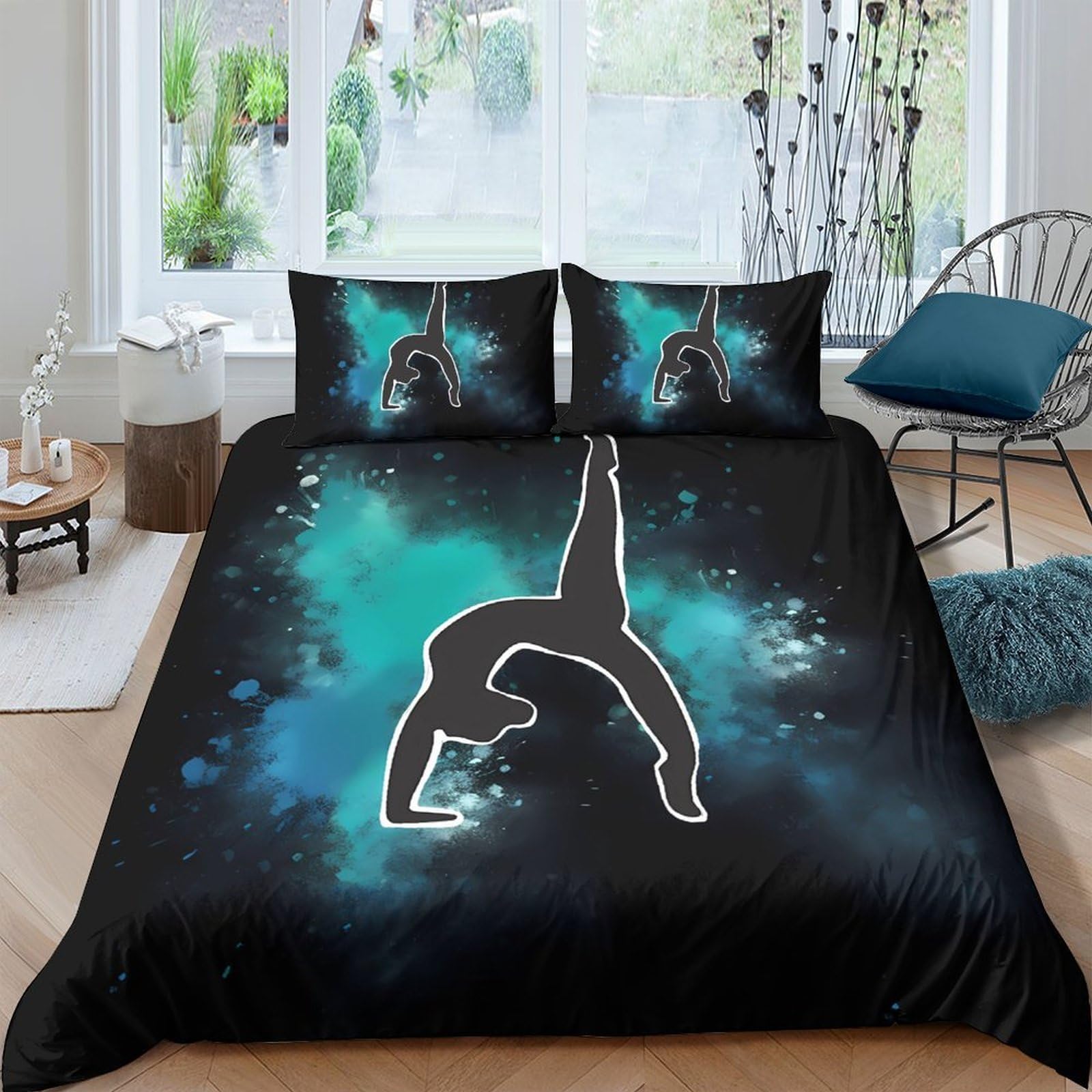 Ctjqhvkz Style-1 3D Printed Gymnast Silhouette Fitted Sheet Microfiber Black Blue Artistic Splash Bed Cover Bedroom Decor Mattress Protector Single（135X200cm）