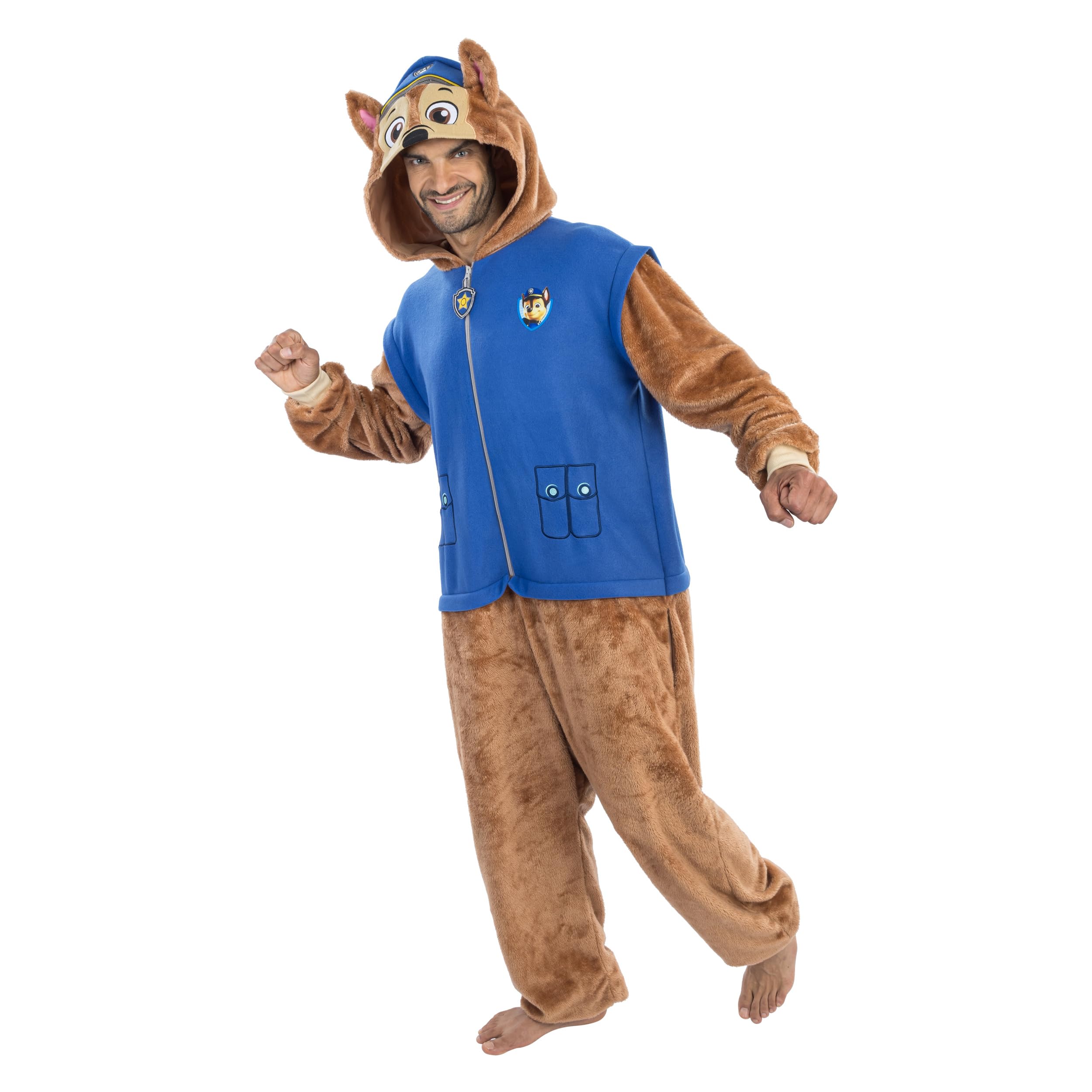 PAW Patrol Chase Adult Onesie Costume (180 cm) – Official Hooded Plush All-In-One Jumpsuit with 3D Ears – Unisex Fancy Dress, Halloween & Lounge Wear