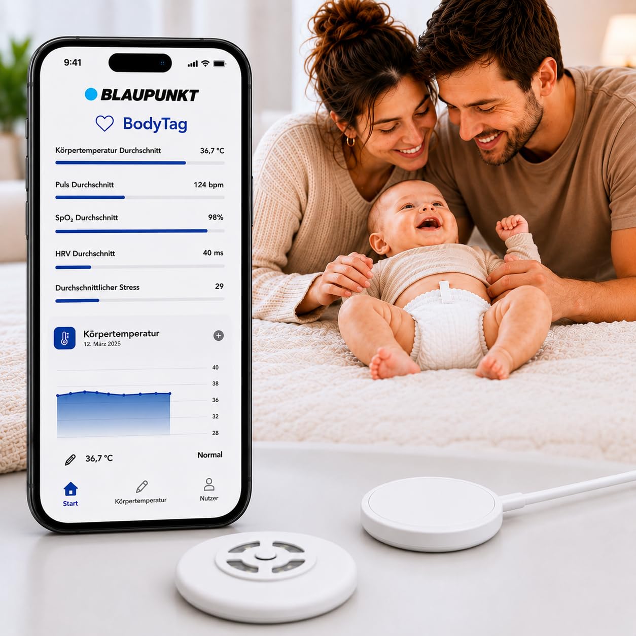 BLAUPUNKT BodyTag Baby Monitor mit Alarmfunktion für Puls & Fieberwarnung | Puls und Temperaturüberwachung | Baby Vitalmonitor mit App | Babyphone ohne Cloud und Kamera | kein WLAN