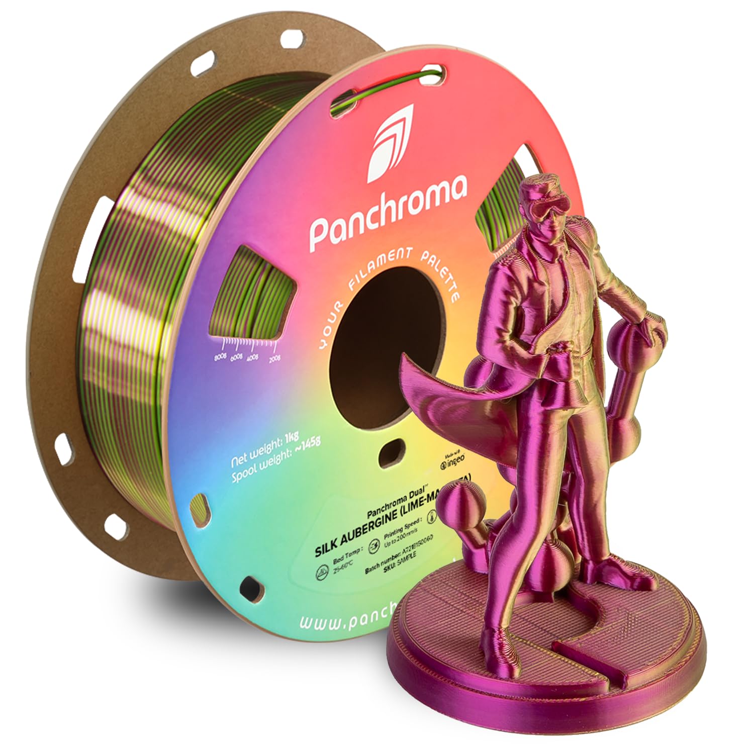 Polymaker Panchroma Dual Silk PLA 3D Printing Filament, 1.75mm 1kg, Silk Aubergine (Lime-Magenta), New and Improved Formula, Better Strength, Printing