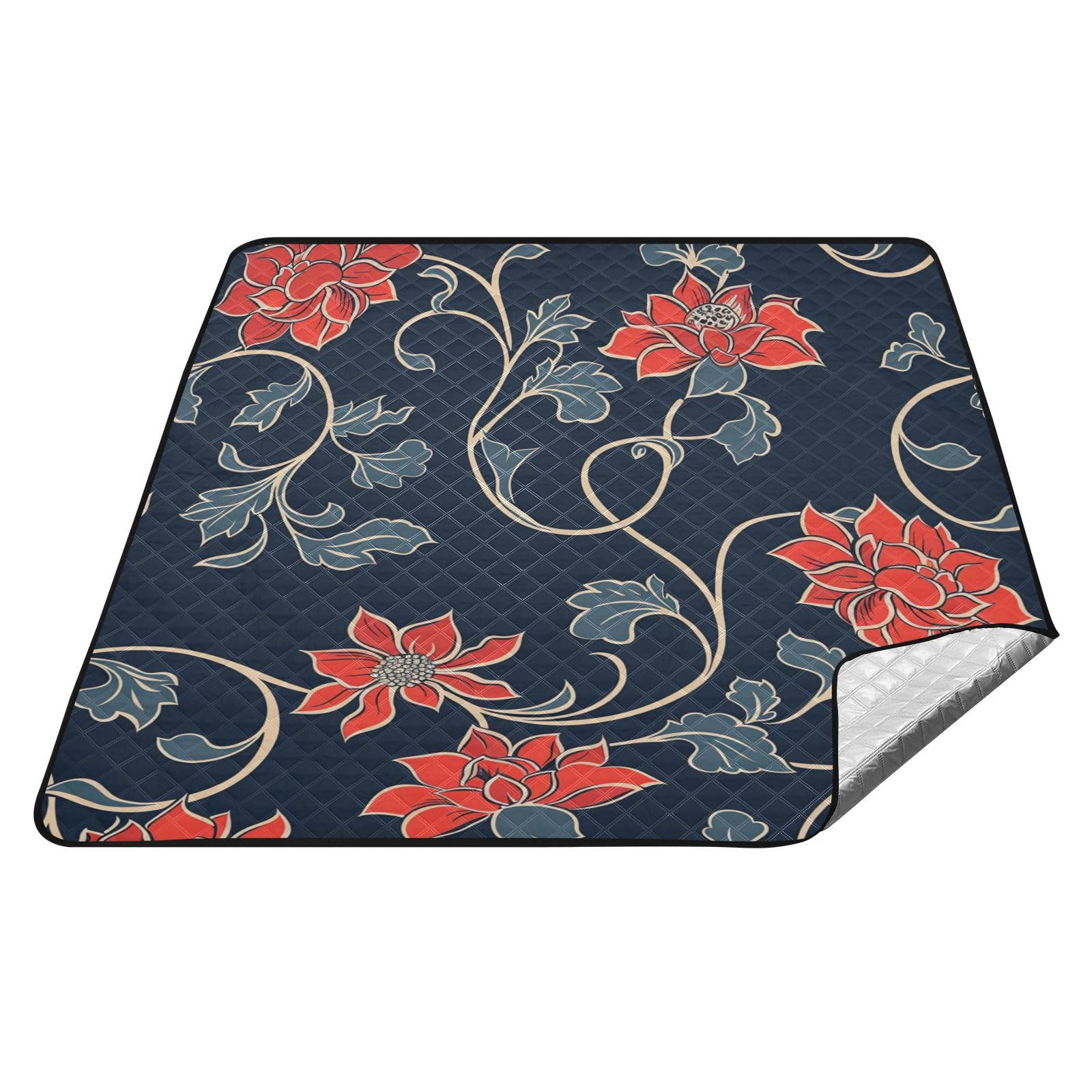 Mantas de picnic con diseño floral tradicional, color rojo, grande, plegable, para césped
