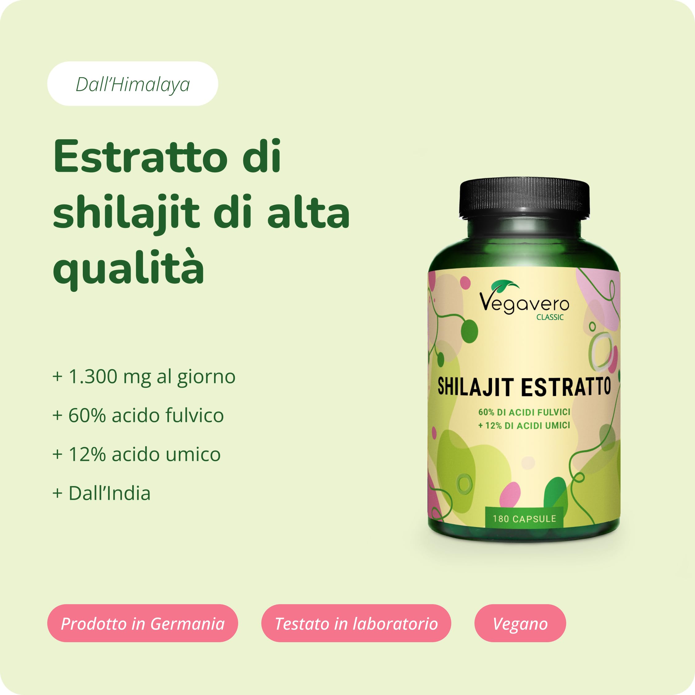 SHILAJIT MUMIJO Puro Vegavero® | 1.300 mg | con 60% Acidi Fulvici e 12% Acidi Umici | Mumio con più di 85 oligoelementi | Medicina Ayurveda e Tibetana | 180 capsule | Vegan