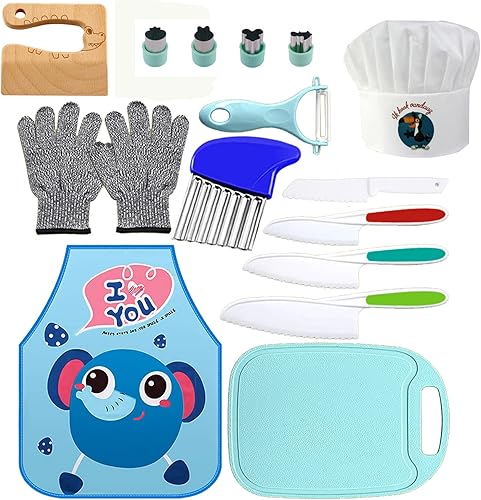 Miniatura 8 de Juego de 15 cuchillos de madera para niños, juego de cuchillos para niños pequeños, cuchillos para cocina real, juego de cocina para niños, incluye