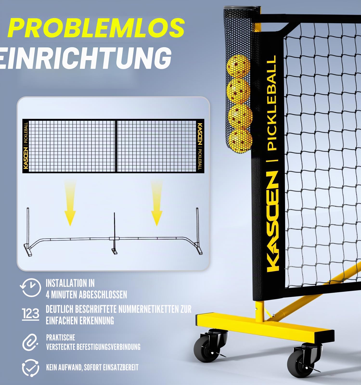 KASCEN Pickleball-Netz – Pickleball-Netz für Auffahrt, 6,6 m USAPA tragbares Pickleball-Set mit Netz, Pickle-Ballnetz mit 4 Pickleballs und Tragetasche, Pickle-Ballnetz für Outdoor, Innenhof,
