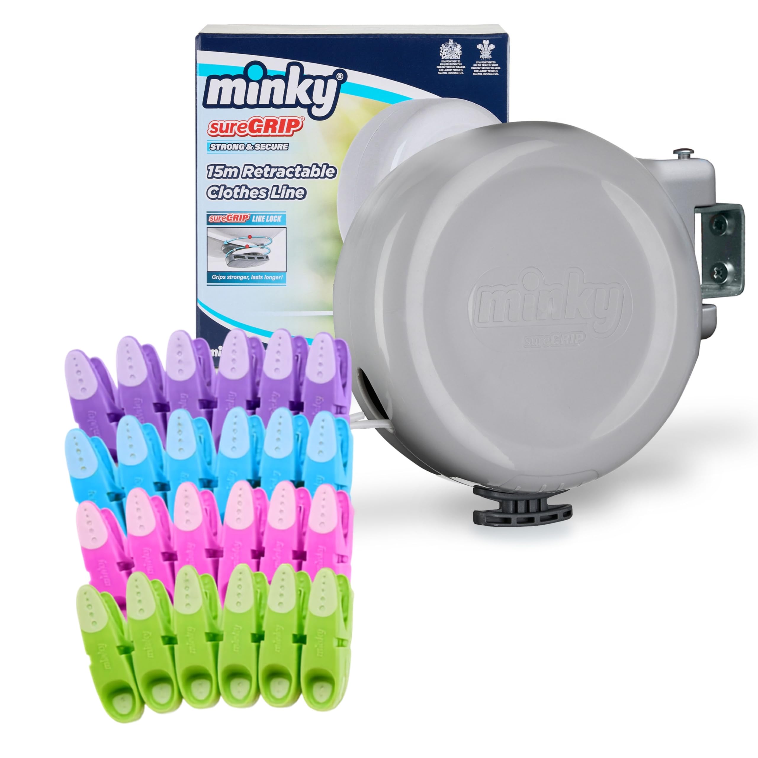 Minky SureGrip 15m Retractable Washing Single Line + 24 SureGrip Pegs