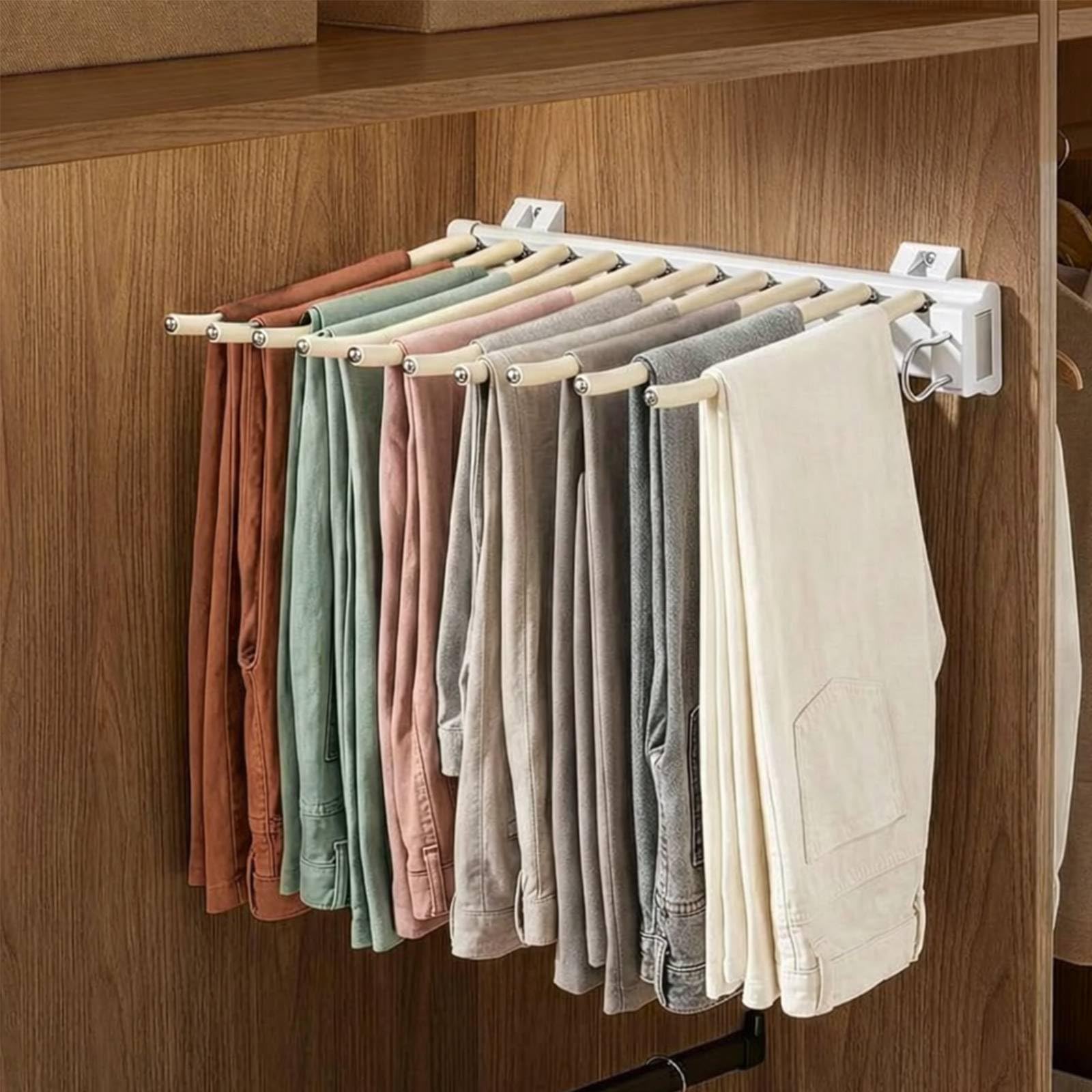 Sunnynest White Pull Out Pants Rack With 10 Arms, 46Cm Extendable Telescopic Clothes Rail, Sliding Wardrobe Trouser Hanger, Stainless Steel & Aluminum Alloy, Adjustable Wardrobe Rail (White)