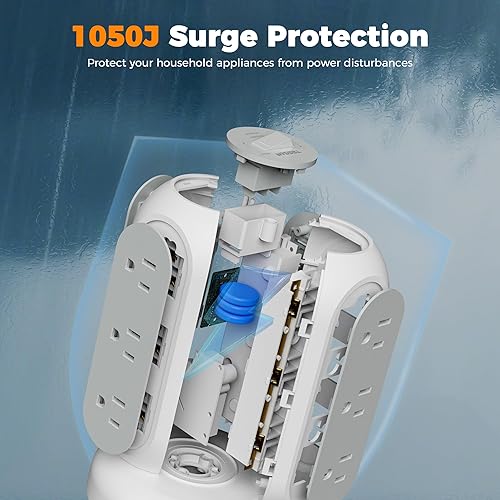 Miniatura 6 de TESSAN - Torre de regleta de alimentación de enchufe plano, cable de extensión retráctil ultrafino de 5 pies, protector de sobretensiones de 11