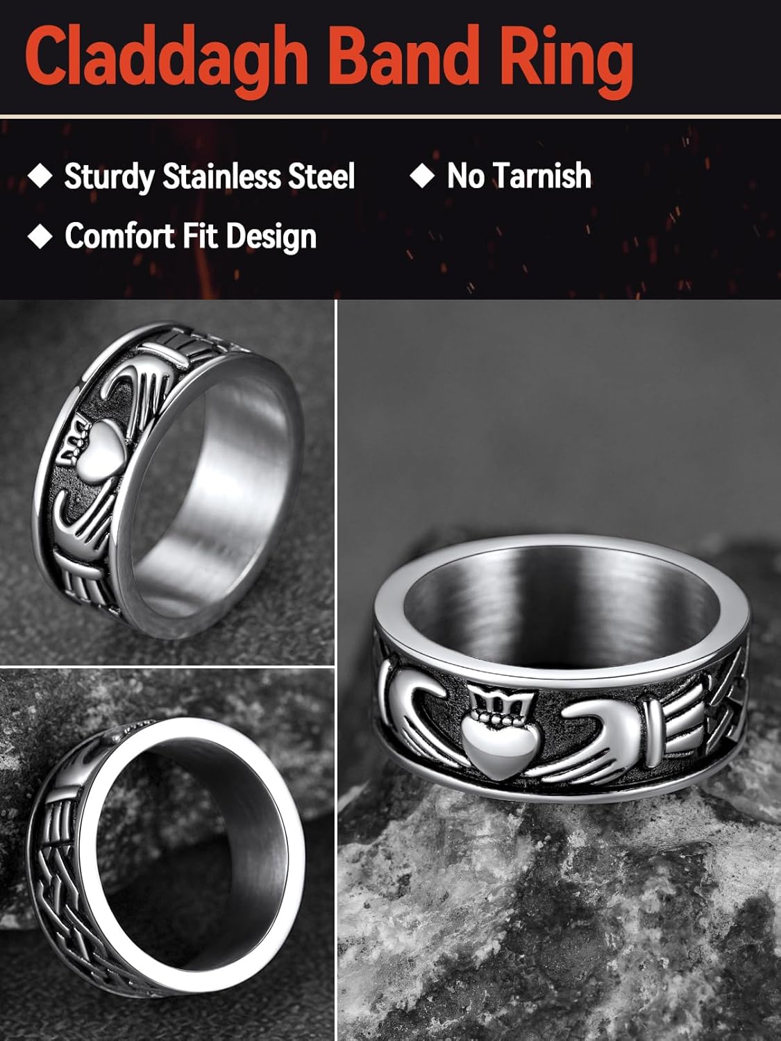 FaithHeart Claddagh Rings for Love, Stainless Steel/18K Gold Plated Women Men Wedding Band Ring Personalized Custom - Image 5