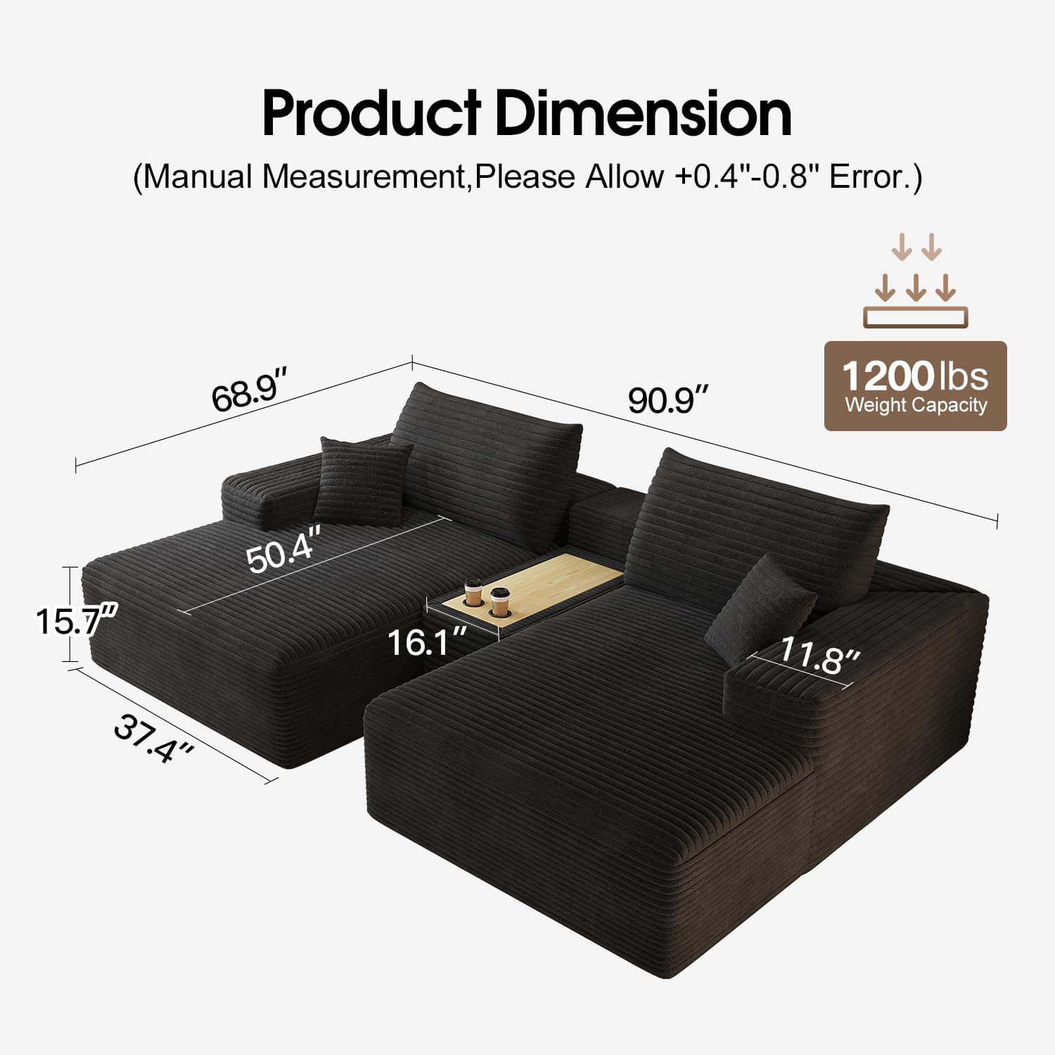 91''Oversized Double Lounge Chaise Sofa Bed with Side Table, Boneless Cloud Couch Deep Seat, No Assembly Required, Modern Corduroy Sleeper Loveseat Chair for Living Room Bedroom Reading(Black)