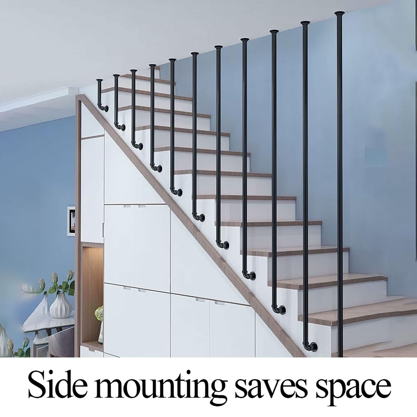 Barandillas metálicas personalizables para escaleras con montaje en suelo | Pasamanos de pared con kit de tornillos y soporte ajustable antideslizante para terrazas, balcones(Negro,4.4FT)