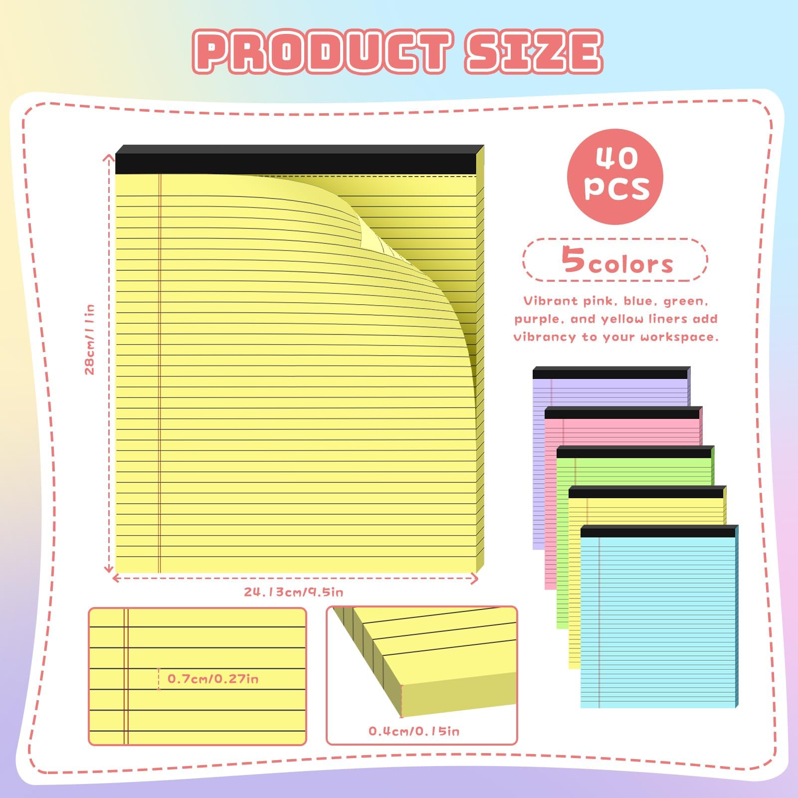 Tecmisse Paquete de 5 blocs de notas legales de 9.5 x 11 pulgadas, bloc de papel rayado de colores, bloc de escritura universitaria rayado, 40 hojas de cada bloc de papel para suministros escolares y