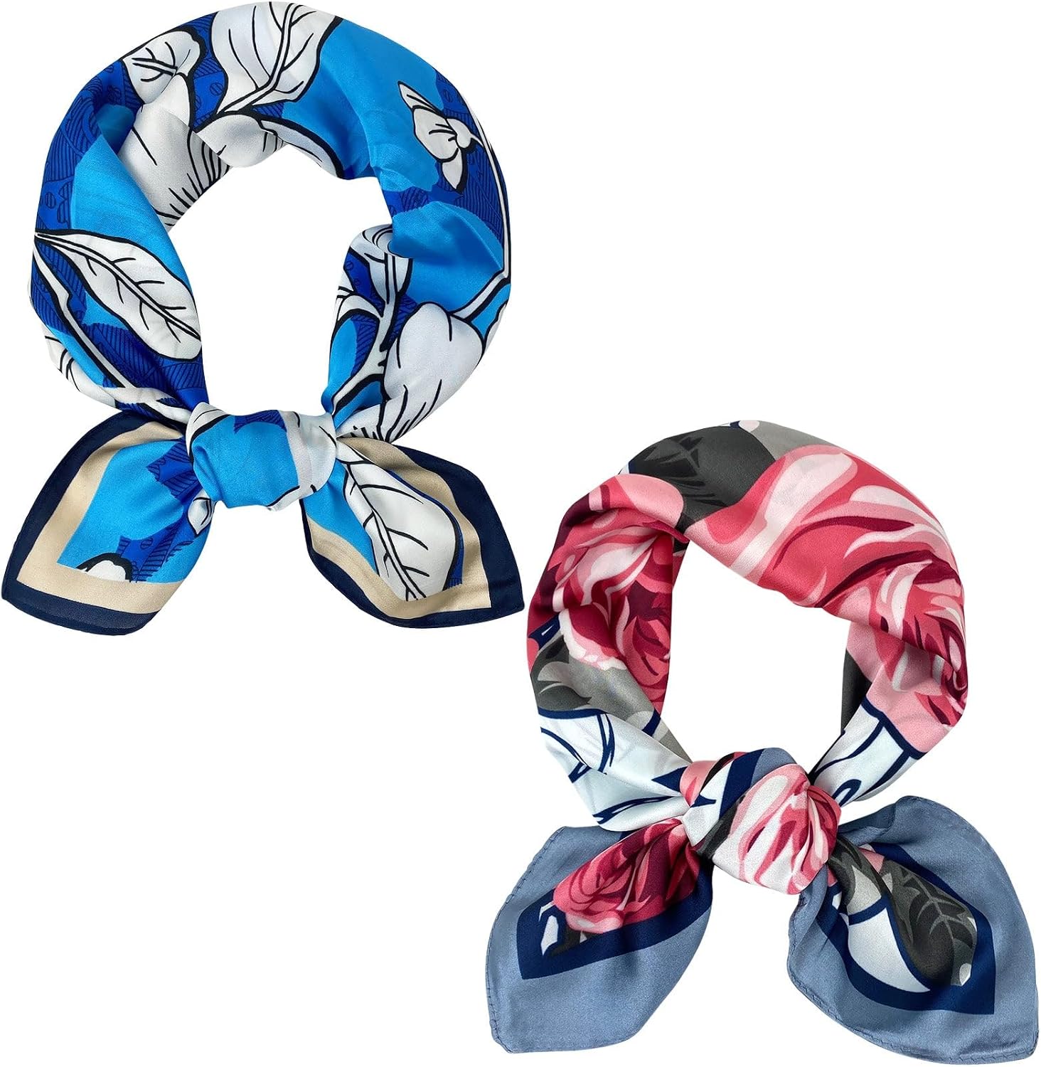 allydrew Womens 2 Piece Silky Feeling Satin Square Scarf Set, 26.5x26.5 Inch Neckerchief [A75256, A75249], Rose Floral