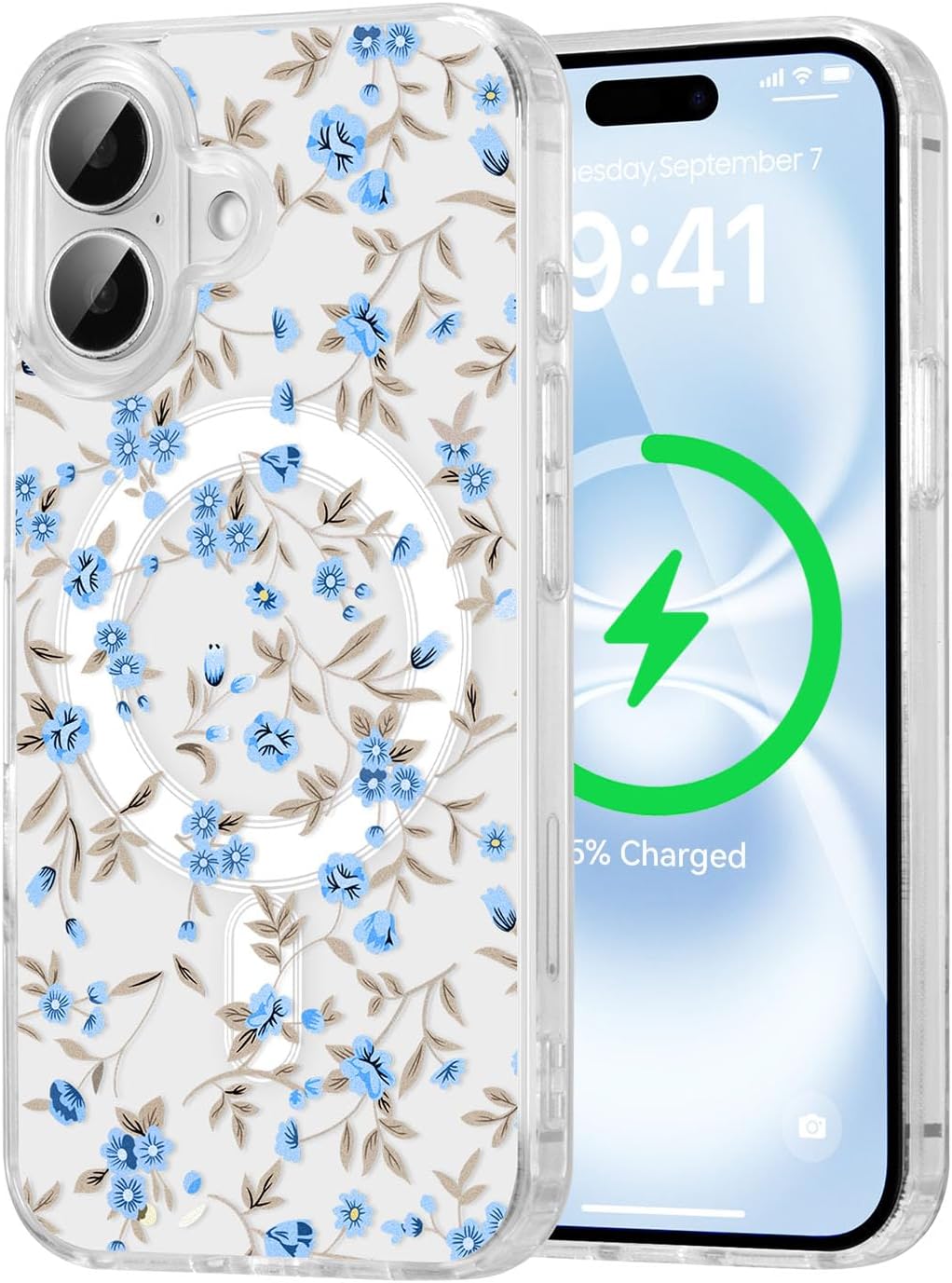 QLTYPRI Magnetic for iPhone 17 Case Compatible with Magsafe, Cute Floral Flower Aesthetic Phone Case Slim Clear Anti-Yellowing Shockproof Phone Cover for Girls Women - Blue - Image 9