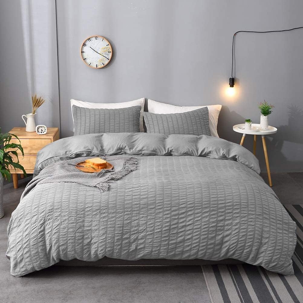 Seersucker Duvet Cover with Pillow Cases White Waffle Bedding Set 100% Cotton 200 Thread Count Quilt Covers Double King Super King Bed Size (Silver, Super King)
