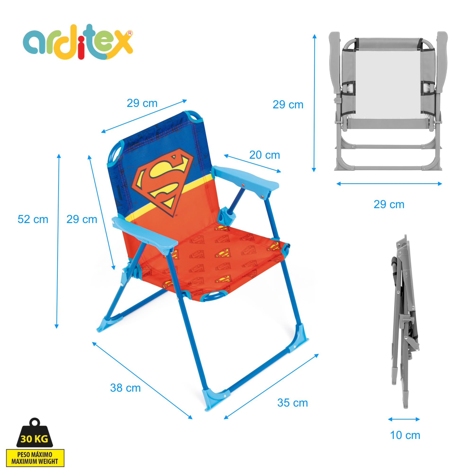 ARDITEX Chaise Pliante avec accoudoirs Superman de DC Comics - 38x32x53cm - Adaptée au Jardin, Camping, Plage ou Montagne - Idéale pour Enfants.