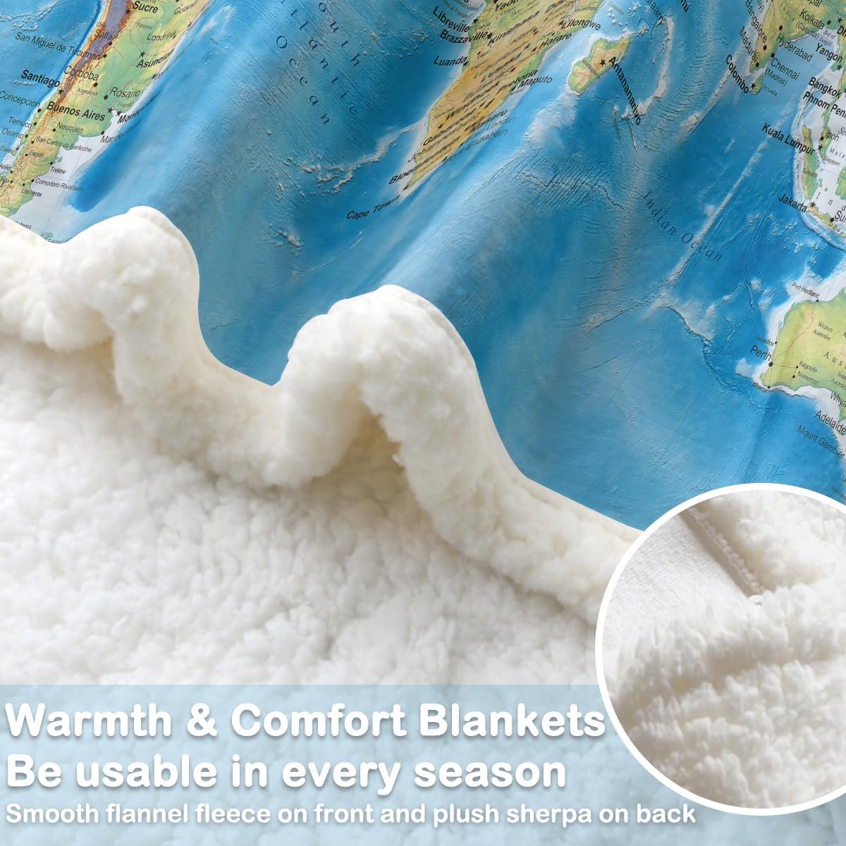 Sleepwish Map Fleece Blanket Blue Throw Blanket Soft Kids Throw Blanket Thick Plush Blanket Vivid 3D Print Map of The World Sherpa Blankets for Teens Kids Boys Girls 50x60 Inches