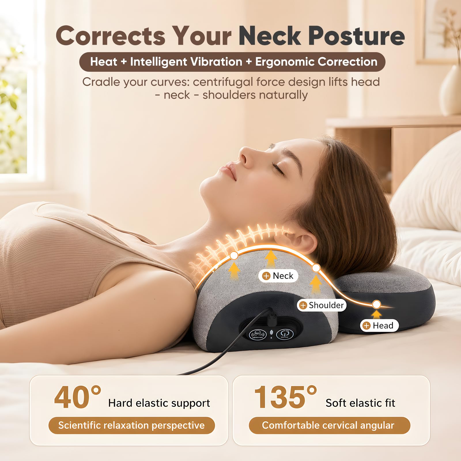 Nackenmassagegerät Elektrisch 3-in-1,Vibration,Wärmeanwendung,Traktion | Nackenschmerzen Lindern,Verspannungen,Tiefenmassage Nacken Lösen,Elektrisch Nackenmassagekissen für Büro,Bildschirmarbeit