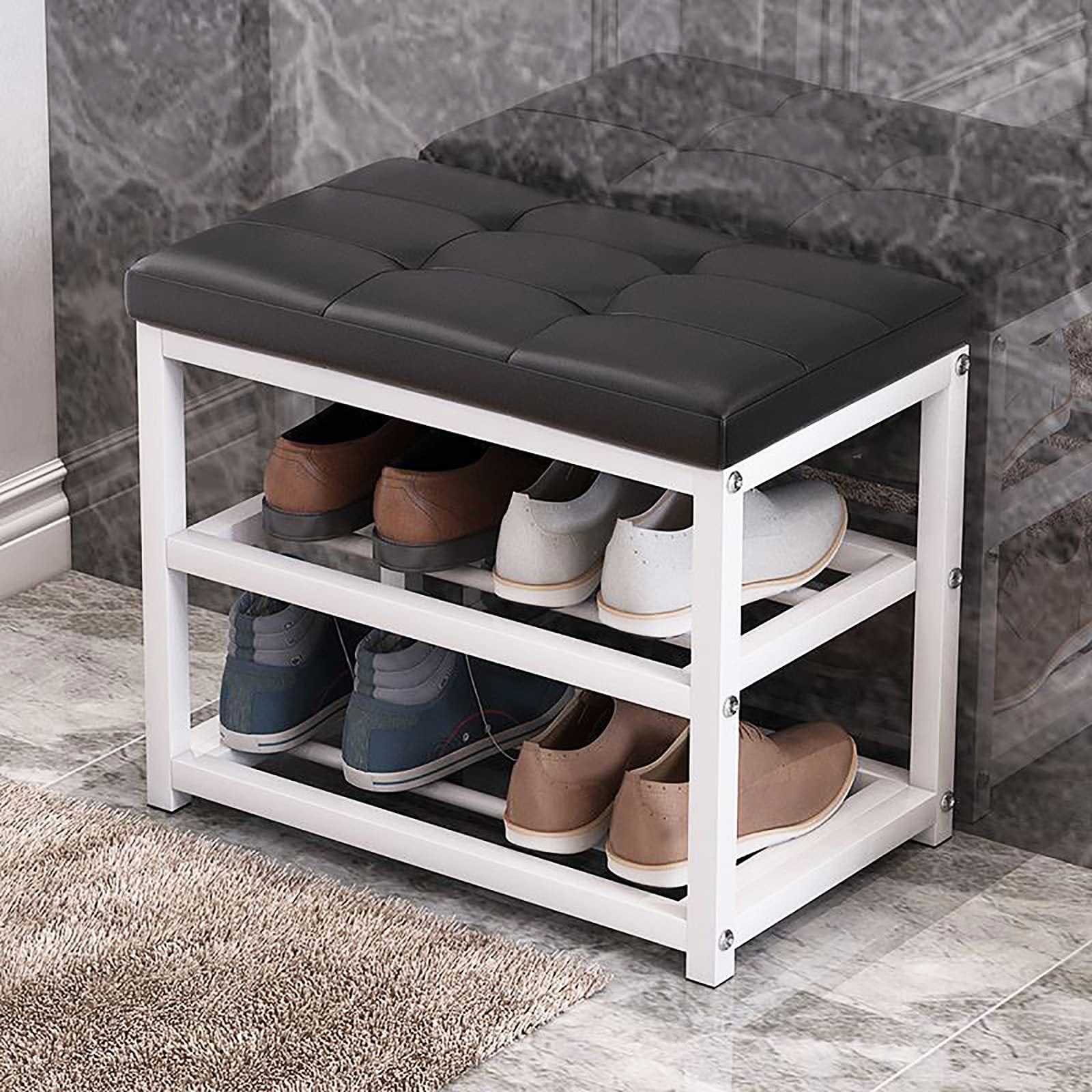 GDMDPTE Entryway Shoe Rack Bench with Cushion Seat, 3-Tier Shoe Storage nizer with Metal Shelf, Hallway Shoe Changing Stool, Durable Faux Leather, 50x45x30cm (20x18x12inch)