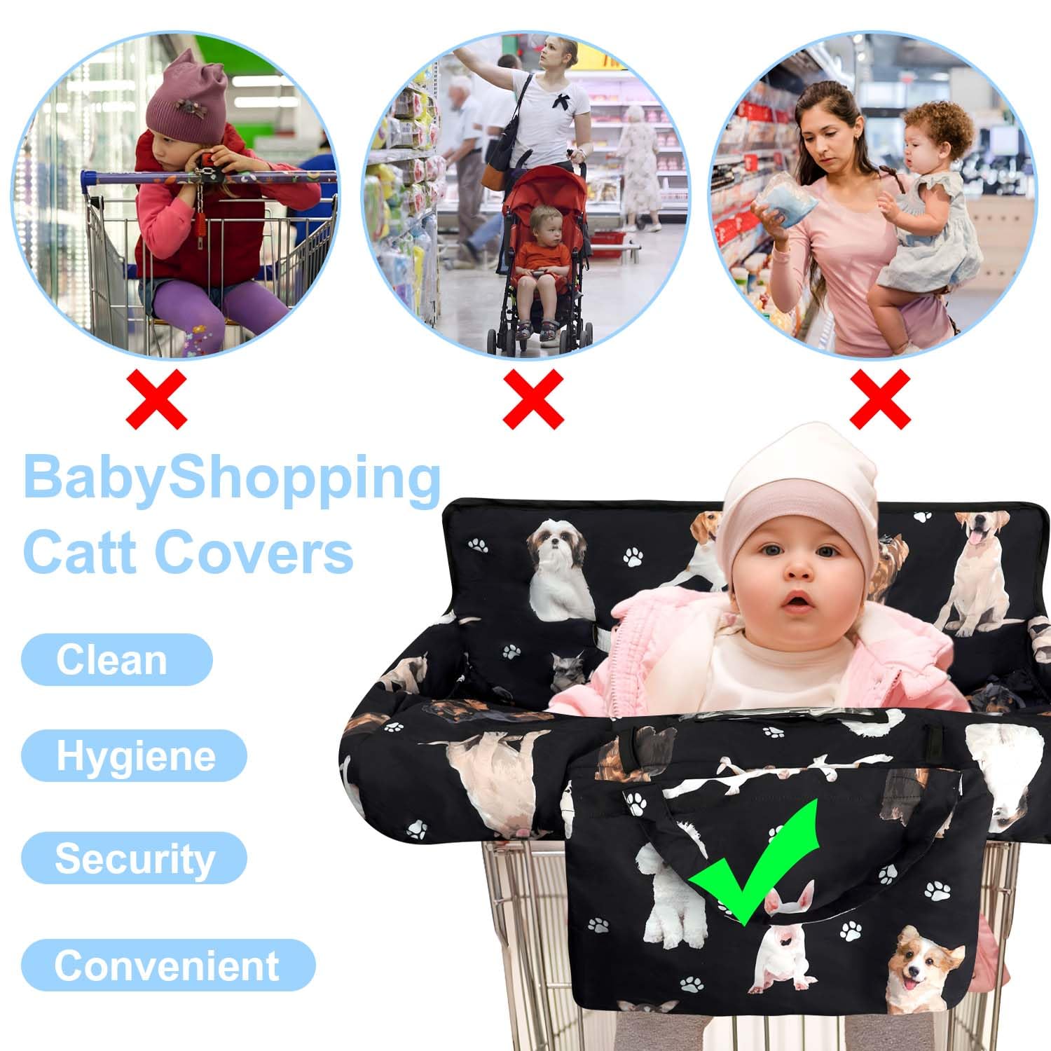 Black Shopping Cart Cover for Baby 2-in-1 High Chair Cover with Safety Harness Multifunctional Dog Pattern Cart Covers for Babies Soft Padded Grocery Cart Cover for Baby Boy Girl