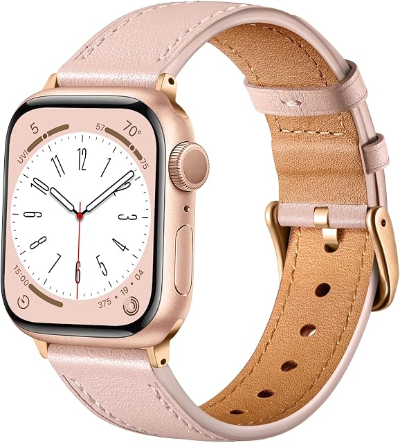 CeMiKa Leather Straps Compatible for Apple Watch Strap 38mm 40mm 41mm, Replacement Genuine Leather Strap Compatible with iWatch Series 9 8 7 6 5 4 3 2 1 SE/Ultra, Men and Women, Pink