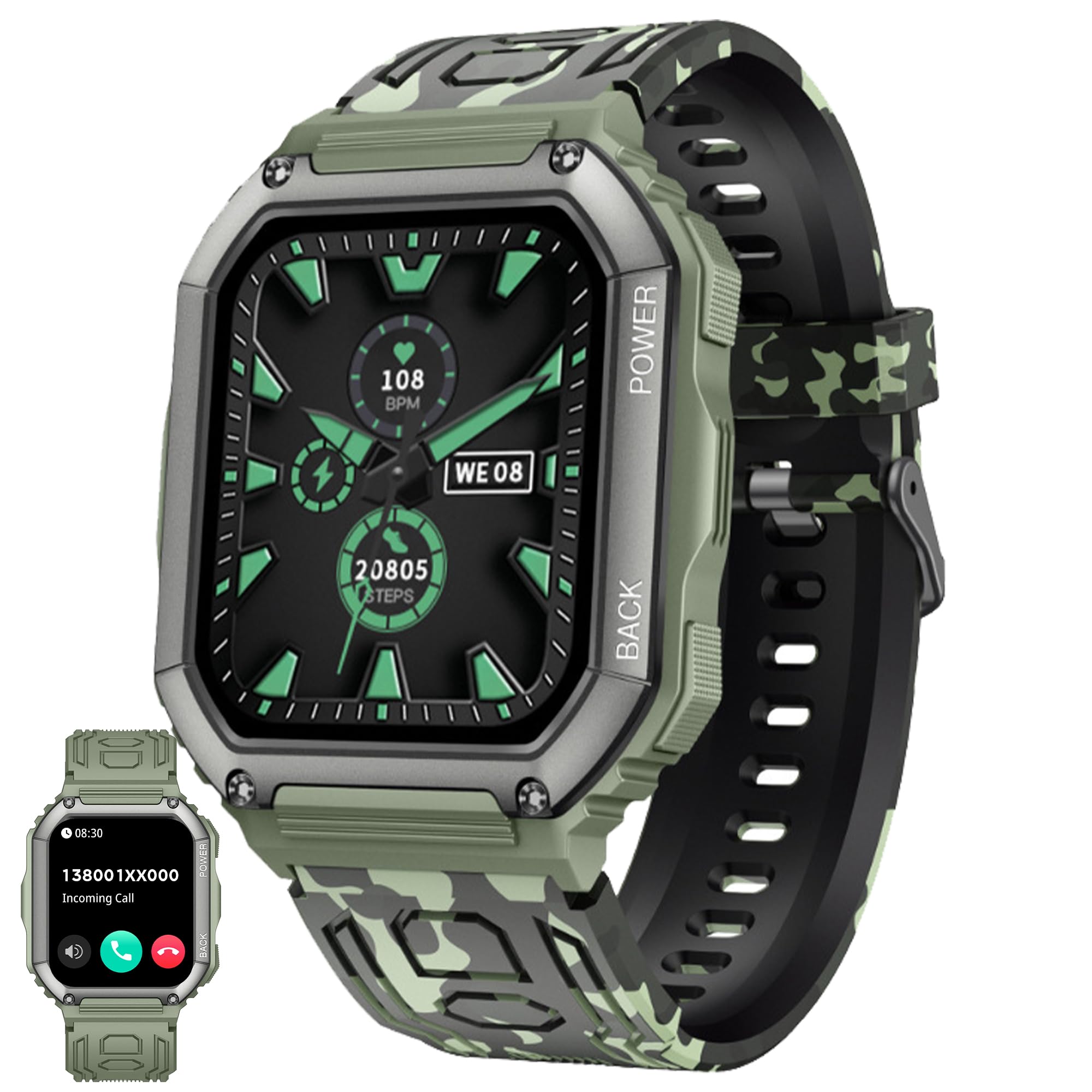 1,8" AMOLED Reloj Inteligente Hombre con Llamada y Whatsapp,Batería de 320 mah, 5ATM Impermeable Reloj Smartwatch 123 Deportivo Hombre con Monitor Sueño, Pulsómetro Android iOS (Camuflaje verde)