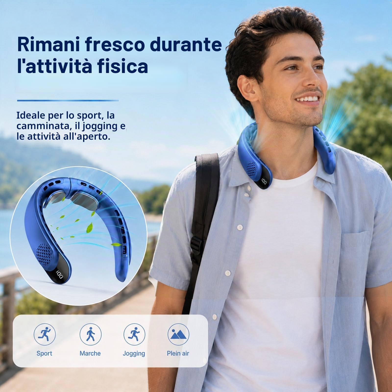 Ventlatore da collo 4000 mAh ventilatore portatile 3 velocità display LED 360 gradi cooling ventilatore collo 50 dB basso rumore