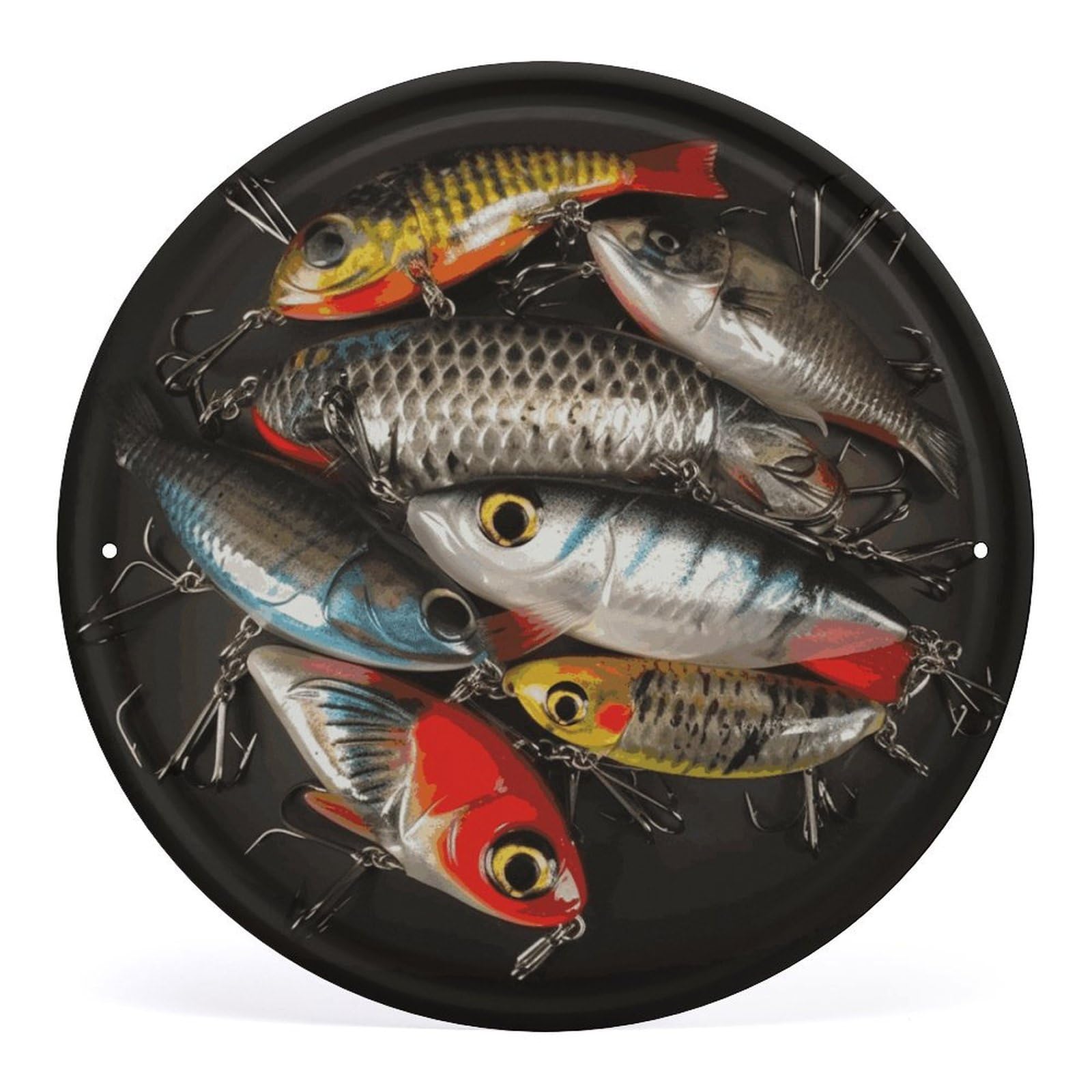 Fodpand Style Fishing Bait Round Wall Art Hanging Decorations, Wall Decor Modern Minimalist Artwork, Tin Sign Hanging Picture For Living Room, Bedroom, Office, Hallway, 11.8X11.8 Inch