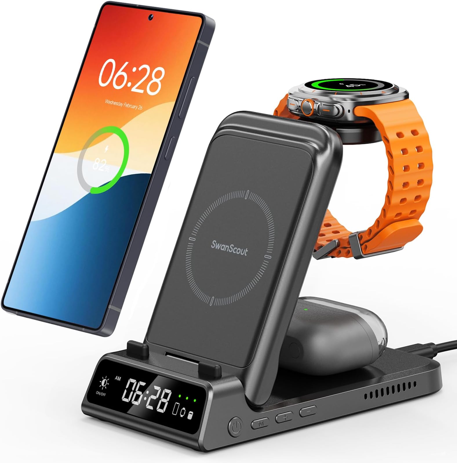 Charging Station for Samsung S26 Ultra, Wireless Charger for Galaxy S26/S25/S24/S23 Series, Galaxy Watch 8/8 Classic/Ultra/7/6/5, Galaxy Buds 3 Pro/3, SwanScout 703S (No Adapter)