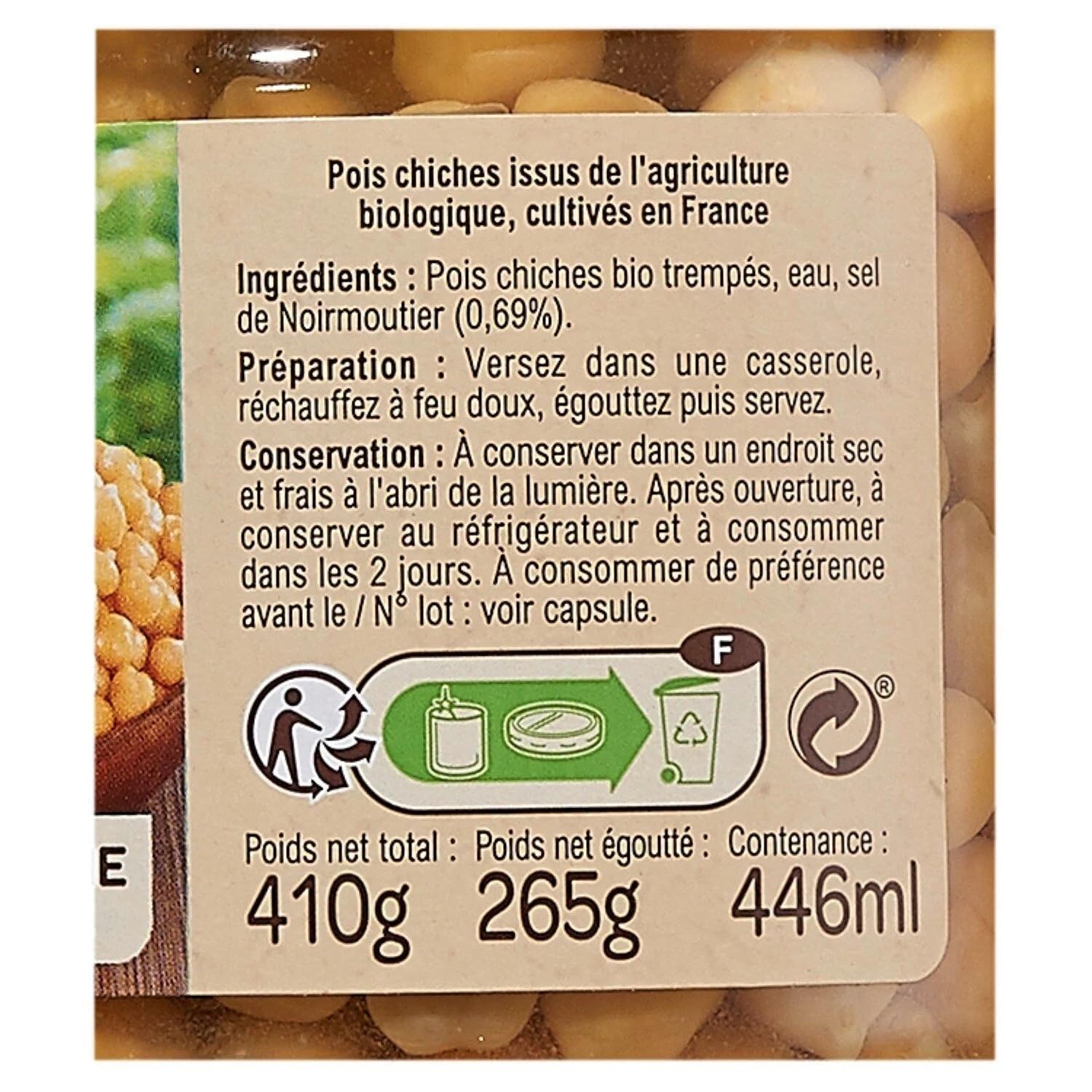 CARREFOUR BIO - Pois Chiches au Sel de Noirmoutier Bio - Cultivés en France - le bocal de 265g net égoutté - 410g - Le Lot De 4
