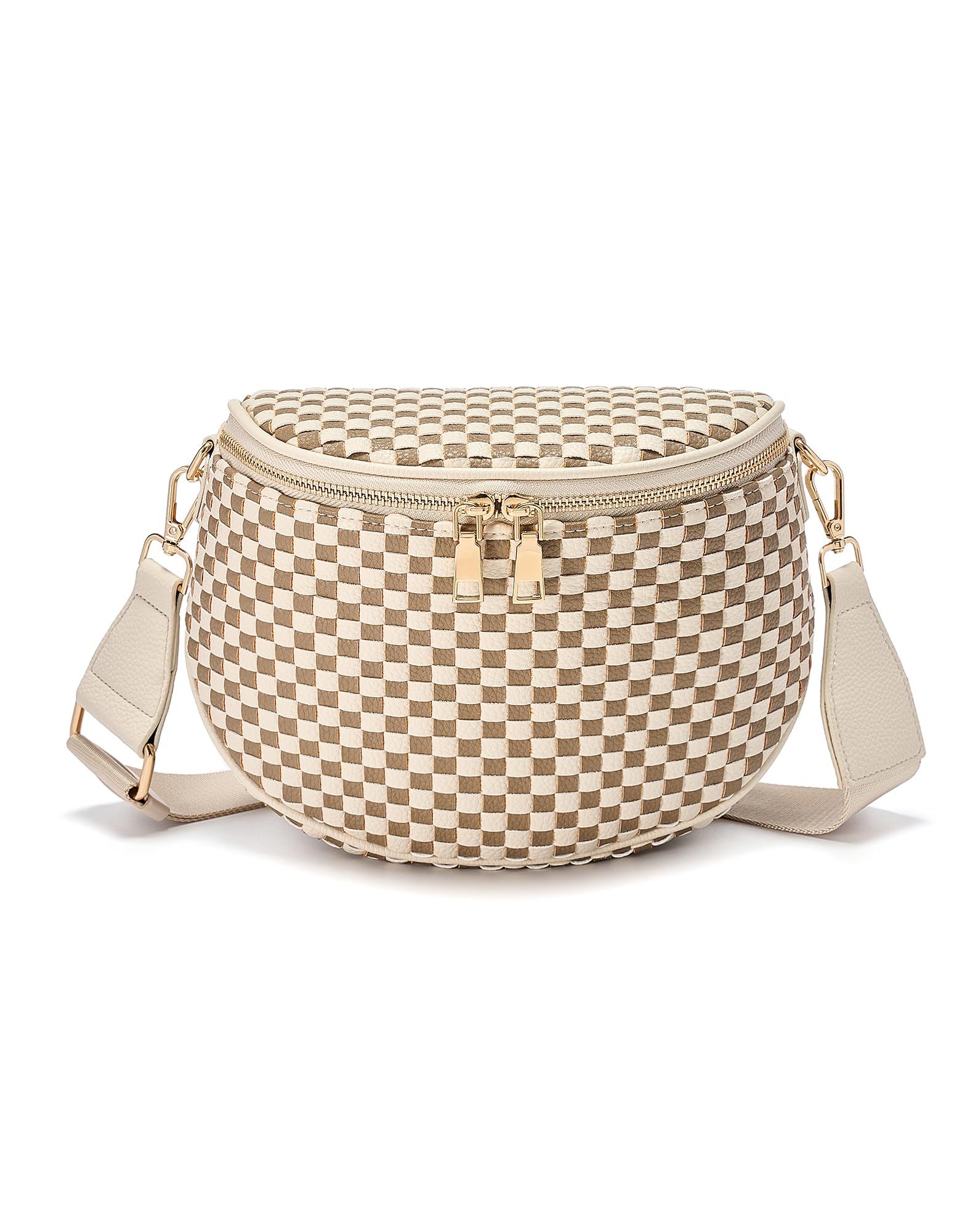 Trendy Woven Checkered Crossbody Bum Bag for Women，PU Leather Checkered Purse Fanny Packs Belt Bag (Woven Bum Bag - Khaki Beige)