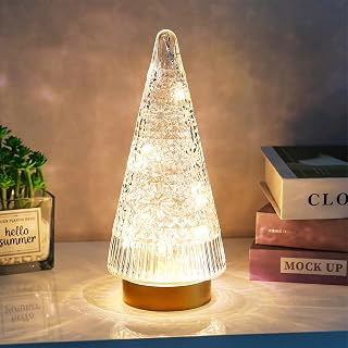 Glass Christmas Tree Light with Timer, Battery Operated Lit Clear Xmas Tree Figurine, Lighted Mercury Glass Decor Cordless Cone Crystal Xmas Tree Tabletop Lamp, Light Up Árbol de Navidad with Lights