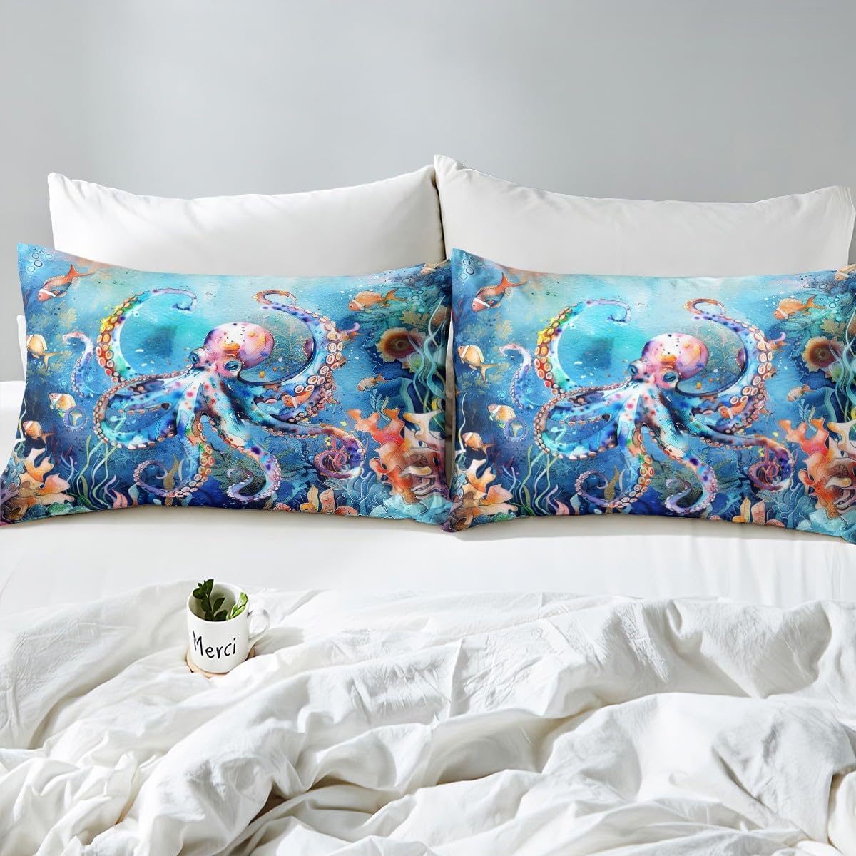 Feelyou Octopus Comforter Cover King Size for Boys Girls, Ocean Octopus Bedding Set Sealife Duvet Cover Ocean Animal Bedspread Cover Room Decor Breathable Quilt Cover(No Comforter)